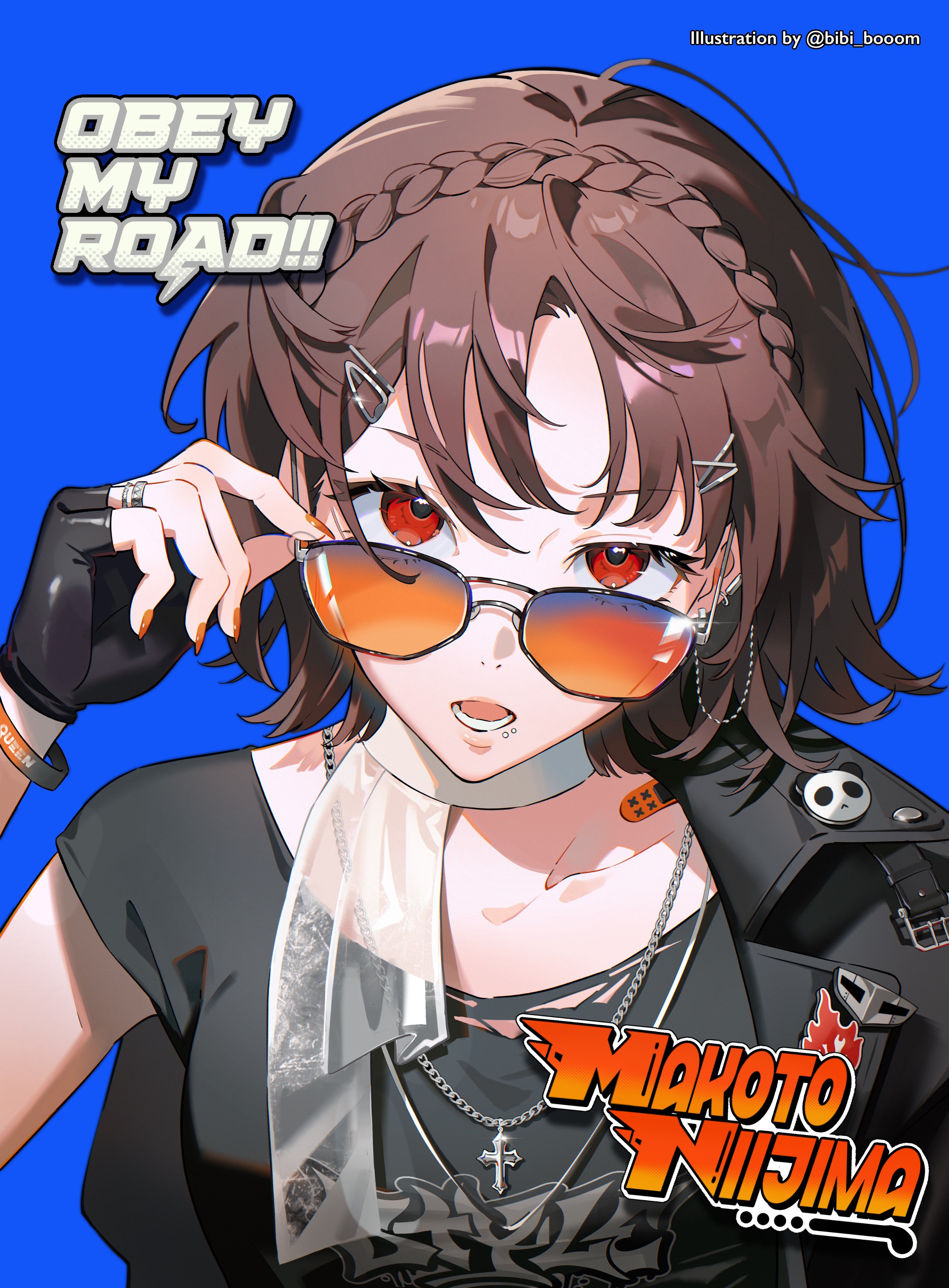 bibi booom, niijima makoto, persona, persona 5, absurdres, highres, 1girl, alternate costume, black gloves, blue background, braid, breasts, brown hair, character name, collarbone, english text, fingerless gloves, fingernails, gloves, hand up, looking at viewer, lower teeth only, medium hair, messy hair, open mouth, orange nails, red eyes, simple background, solo, teeth