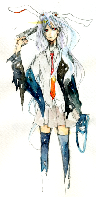 sakuma, reisen udongein inaba, atlus, persona, persona 3, touhou, painting (medium), traditional media, watercolor (medium), 1girl, animal ears, female focus, gun, gun to head, holding, holding gun, holding weapon, long hair, necktie, parody, rabbit ears, red eyes, red necktie, skirt, solo, thighhighs, weapon