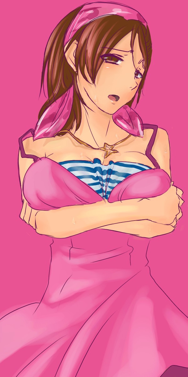 arukapakapakapa, gunsou, tanigawa yuzu, devil survivor (series), devil survivor 1, breast hold, striped, highres, 1girl, bandana, breasts, brown eyes, brown hair, camisole, crossed arms, dress, female focus, jewelry, necklace, solo, star (symbol), sweat, tank top