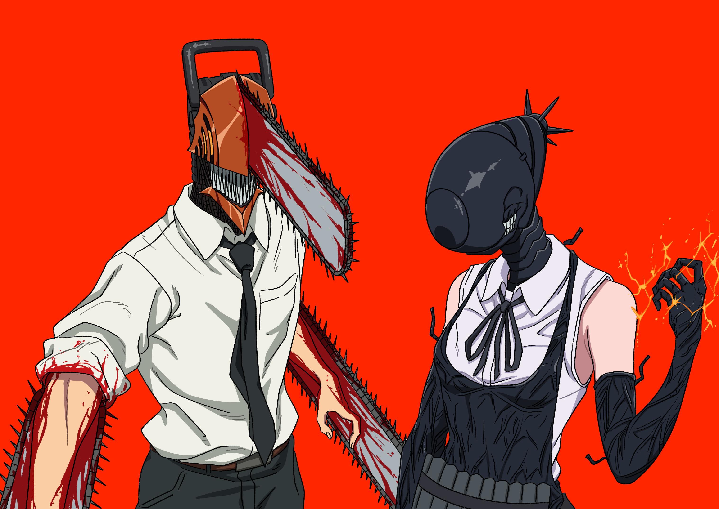 bomb devil (chainsaw man), denji (chainsaw man), chainsaw man, commentary request, highres, 1boy, 1girl, alternate form, amai (frfs5423), apron, black apron, black gloves, black necktie, black pants, blood, chainsaw, dynamite, elbow gloves, explosive, gloves, necktie, pants, red background, sharp teeth, shirt, simple background, sleeveless, sleeveless shirt, sleeves rolled up, teeth, white shirt