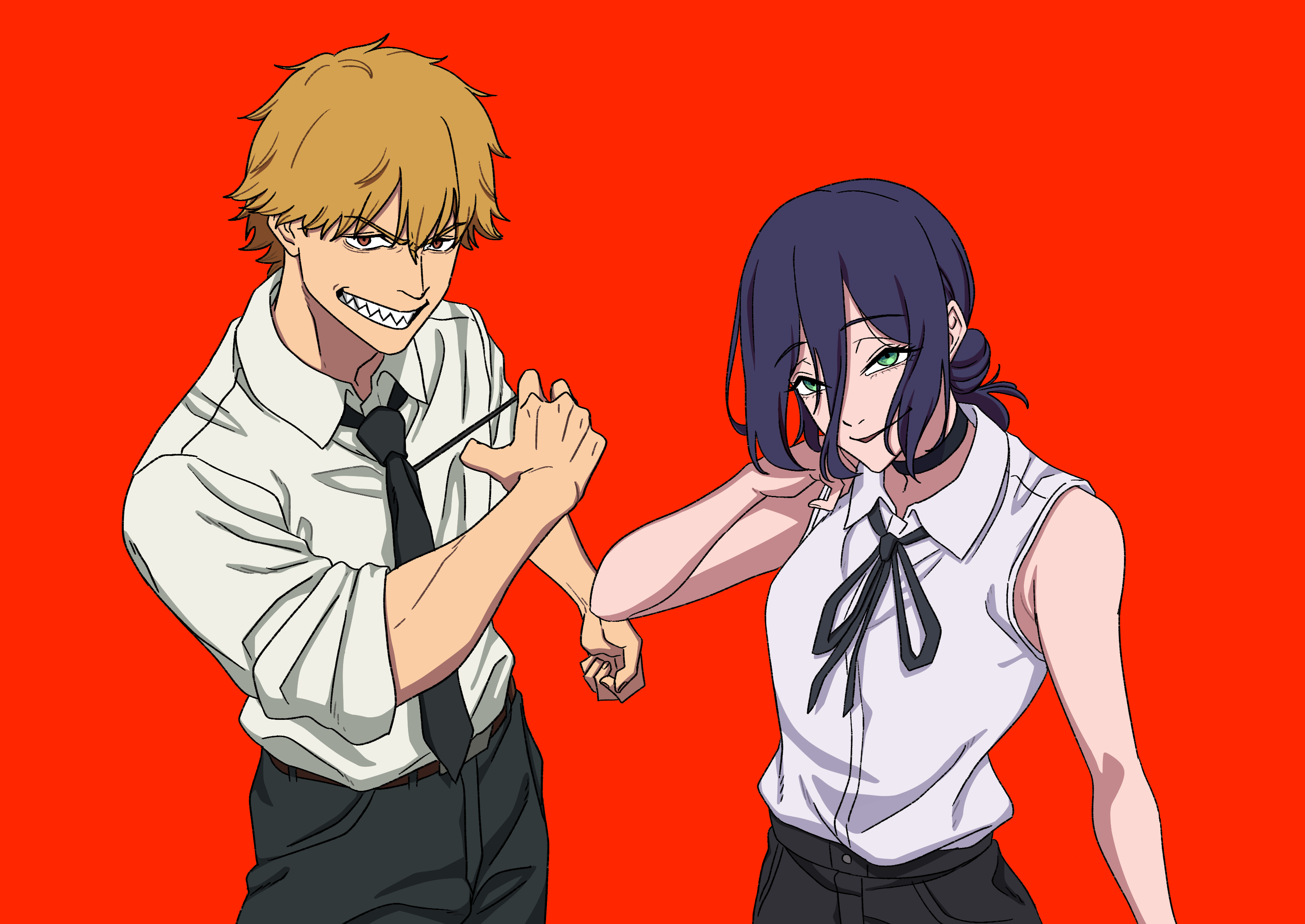 denji (chainsaw man), reze (chainsaw man), chainsaw man, commentary request, highres, 1boy, 1girl, amai (frfs5423), black necktie, black pants, blonde hair, blue hair, cord pull, green eyes, hair bun, looking at viewer, necktie, orange eyes, pants, pull cord, red background, sharp teeth, shirt, shirt tucked in, short hair, sleeveless, sleeveless shirt, sleeves rolled up, teeth, white shirt