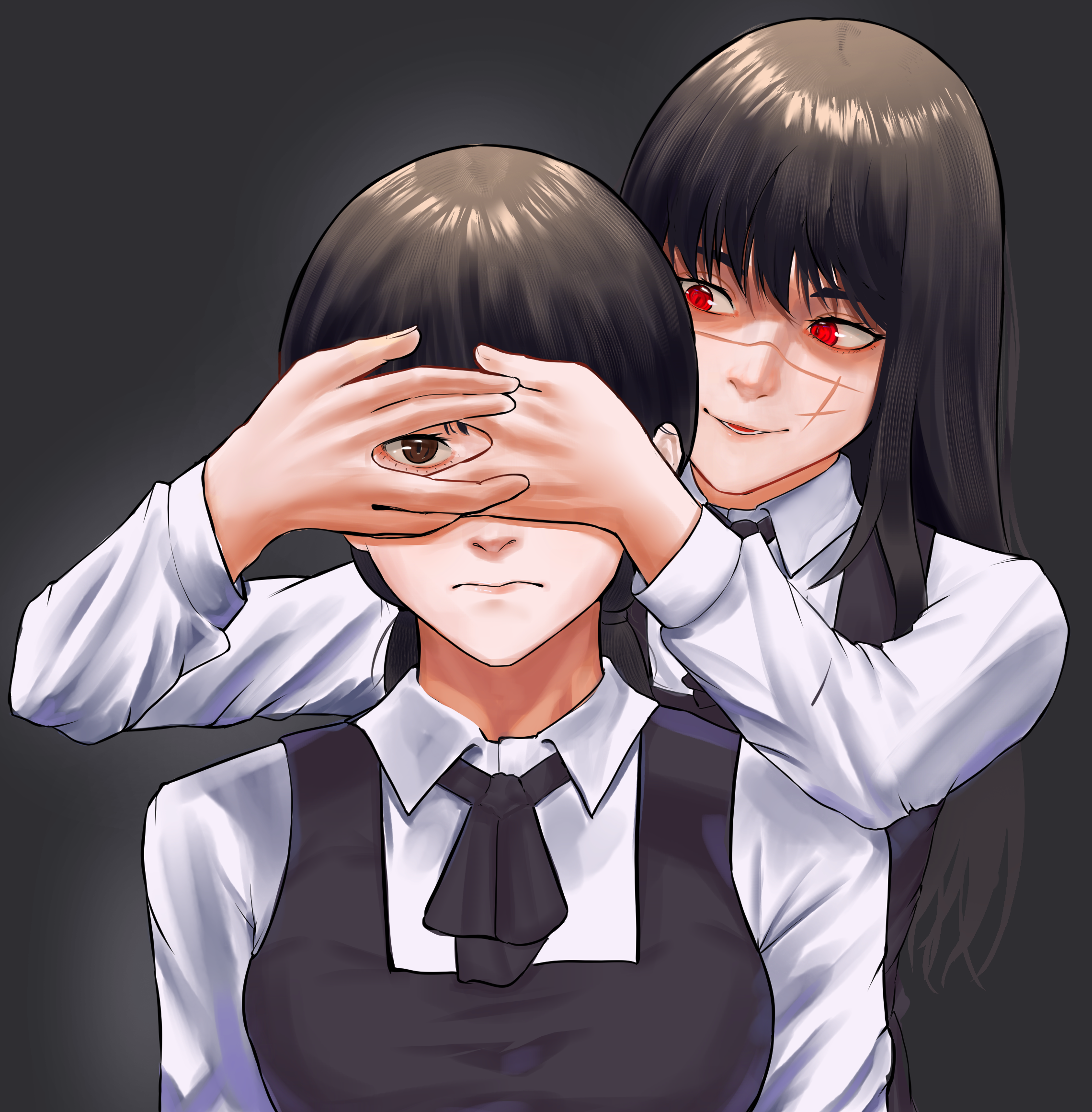 khit a, mitaka asa, yoru (chainsaw man), chainsaw man, highres, 2girls, black dress, black hair, brown eyes, collared shirt, covering another's eye, dress, facial scar, fourth east high school uniform, grey background, long hair, long sleeves, multiple girls, pinafore dress, red eyes, scar, scar on cheek, scar on face, scar on nose, school uniform, shirt, sleeveless, sleeveless dress, white shirt