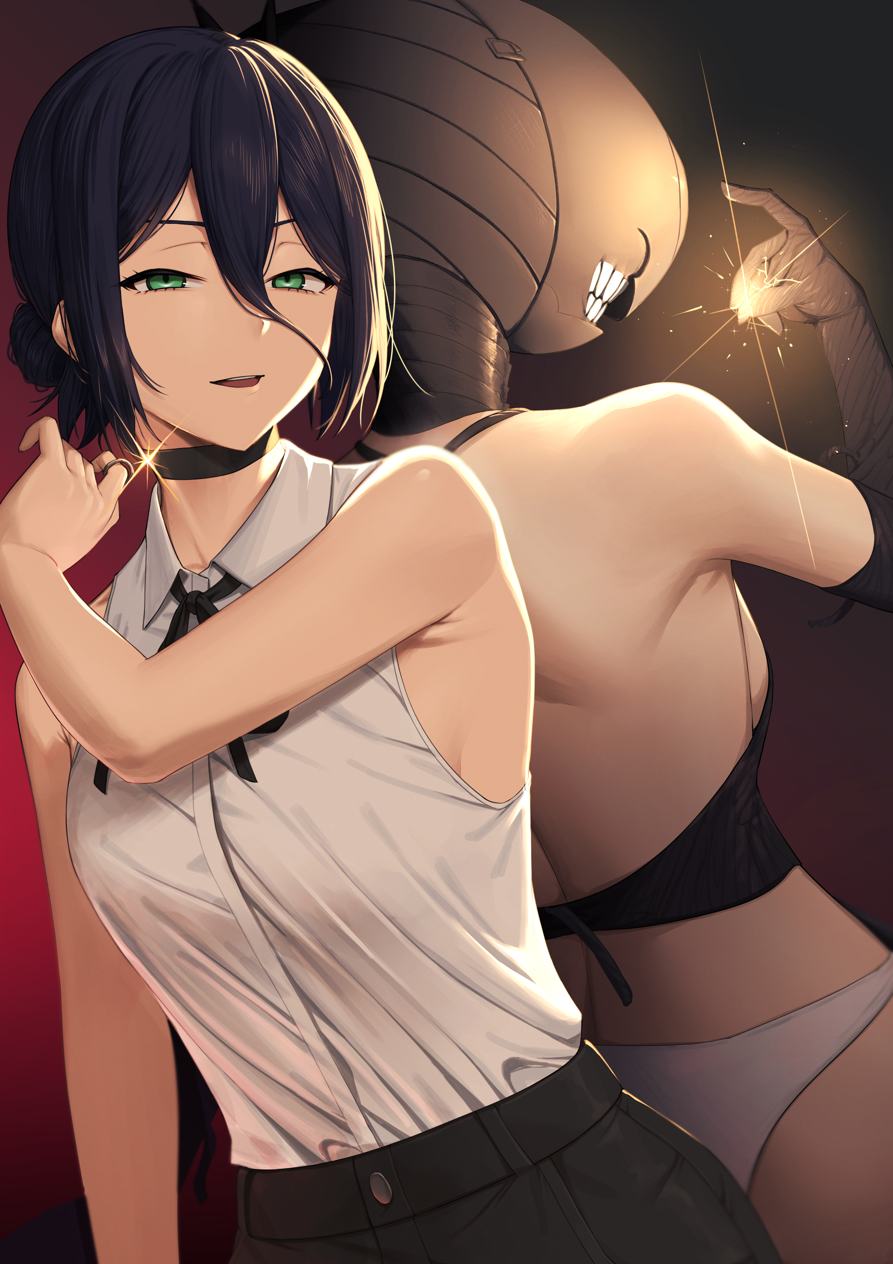 if second, bomb devil (chainsaw man), reze (chainsaw man), chainsaw man, absurdres, highres, 2girls, back-to-back, backboob, black choker, black gloves, black hair, black ribbon, black shorts, breasts, choker, elbow gloves, gloves, green eyes, grenade pin, hair between eyes, hair bun, looking at viewer, medium breasts, multiple girls, neck ribbon, object head, panties, ribbon, shirt, shirt tucked in, shorts, sleeveless, sleeveless shirt, underwear, white panties, white shirt