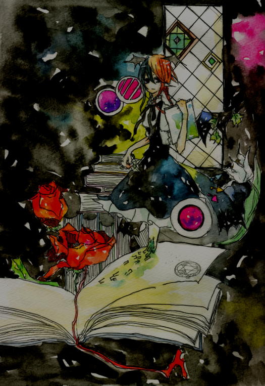 sakuma, koakuma, embodiment of scarlet devil, touhou, painting (medium), traditional media, watercolor (medium), 1girl, bat wings, book, female focus, flower, full body, head wings, red hair, rose, solo, stained glass, standing, wings