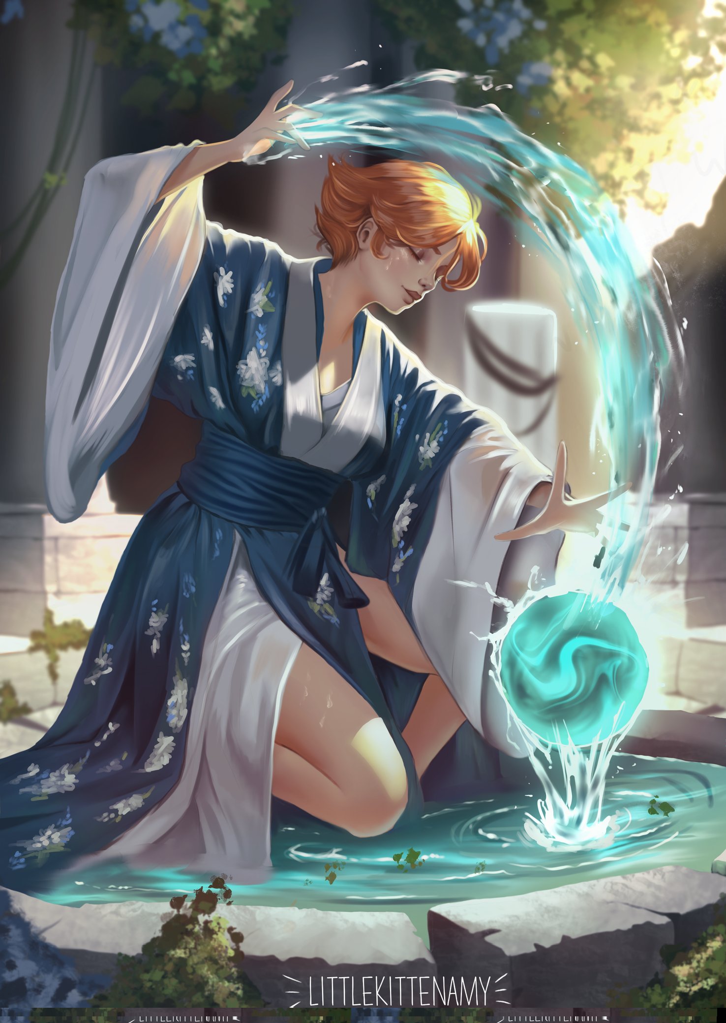 sypha belnades, castlevania (netflix), castlevania (series), commentary, corrupted twitter file, english commentary, highres, 1girl, artist name, blue kimono, blurry, blurry background, closed eyes, day, floral print, floral print kimono, hydrokinesis, japanese clothes, kimono, littlekittenamy, long sleeves, magic, orange hair, outdoors, print kimono, short hair, solo, water, wet, wide sleeves