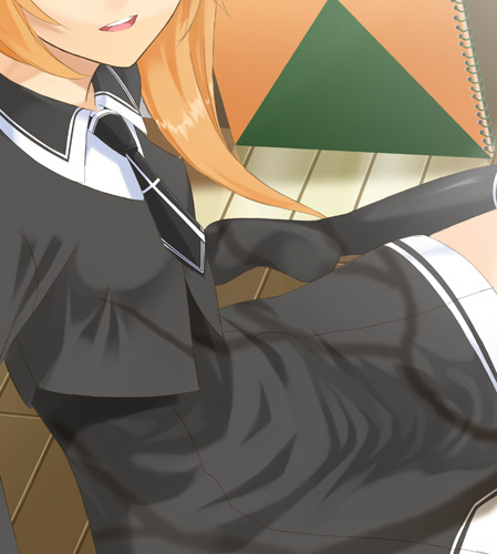 unowen, original, lowres, 1girl, female focus, head out of frame, necktie, school uniform, sitting, socks, solo, wariza, wooden floor