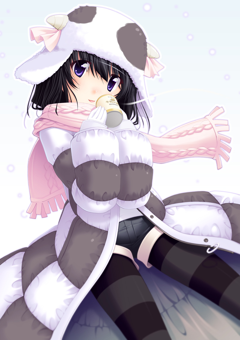 simk, yamabuki zarame, original, 1girl, :p, animal hat, animal print, black hair, black pantyhose, coat, cow print, female focus, hat, horns, pantyhose, pink scarf, purple eyes, scarf, shorts, solo, striped clothes, striped pantyhose, tongue, tongue out