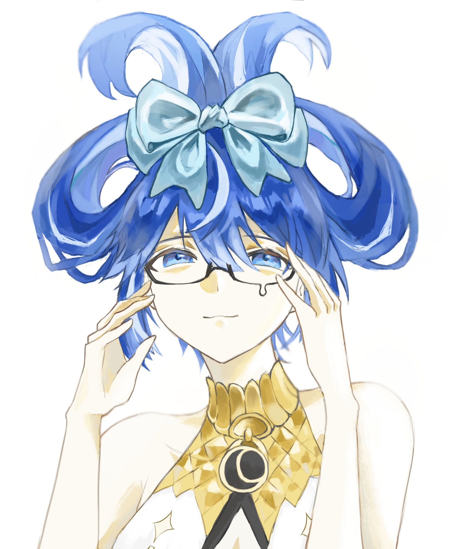 iuno (wuthering waves), wuthering waves, chinese commentary, commentary request, highres, 1girl, alternate hairstyle, bare shoulders, bespectacled, blue bow, blue eyes, blue hair, bow, closed mouth, eif7, glasses, hair bow, hands up, looking at viewer, medium hair, portrait, simple background, smile, solo, teardrop, white background