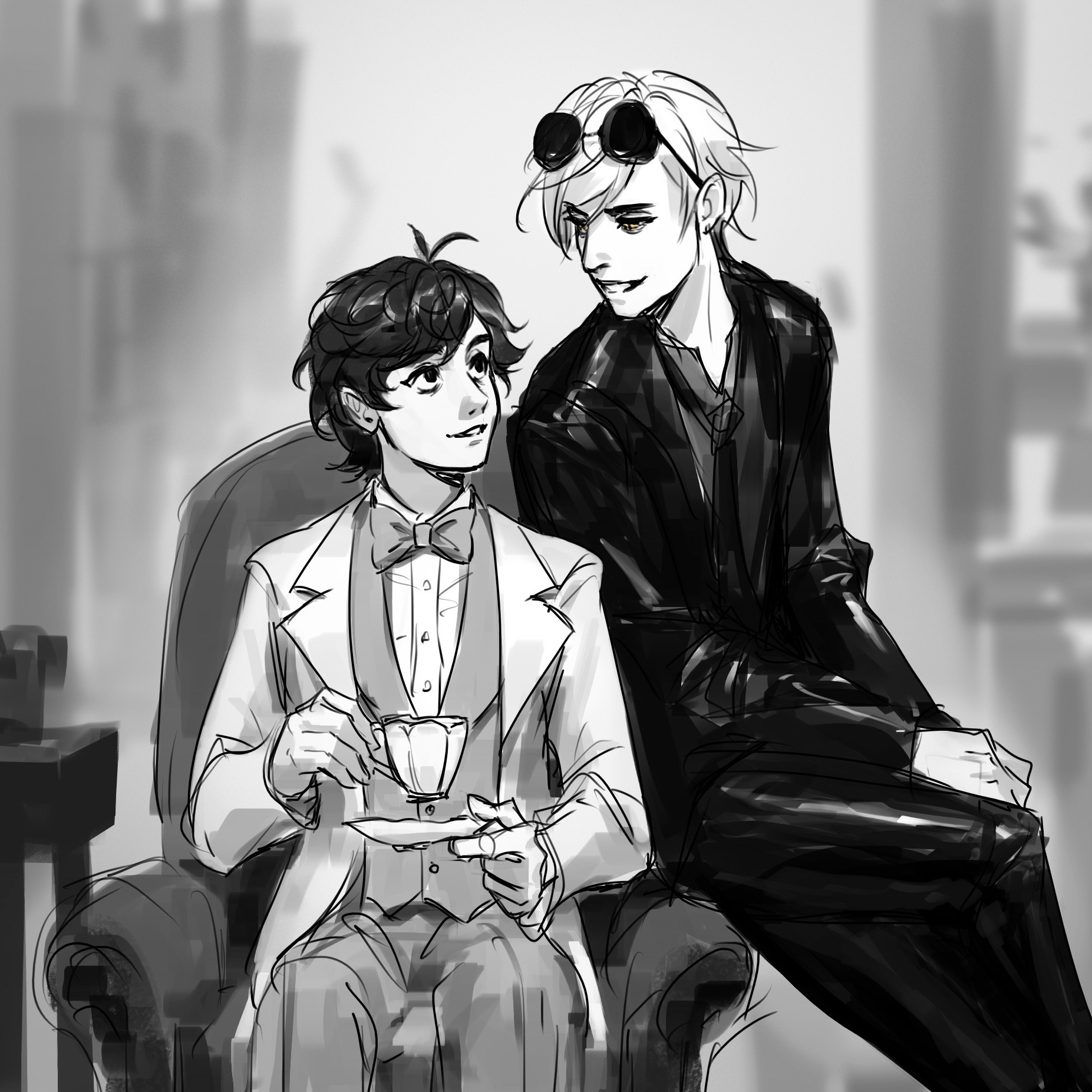 suikamelony, bill cipher, dipper pines, gravity falls, highres, 2boys, aged up, bow, bowtie, formal clothes, male focus, multiple boys, nose, painterly, personification, shirt, short hair, smile, suit, sunglasses