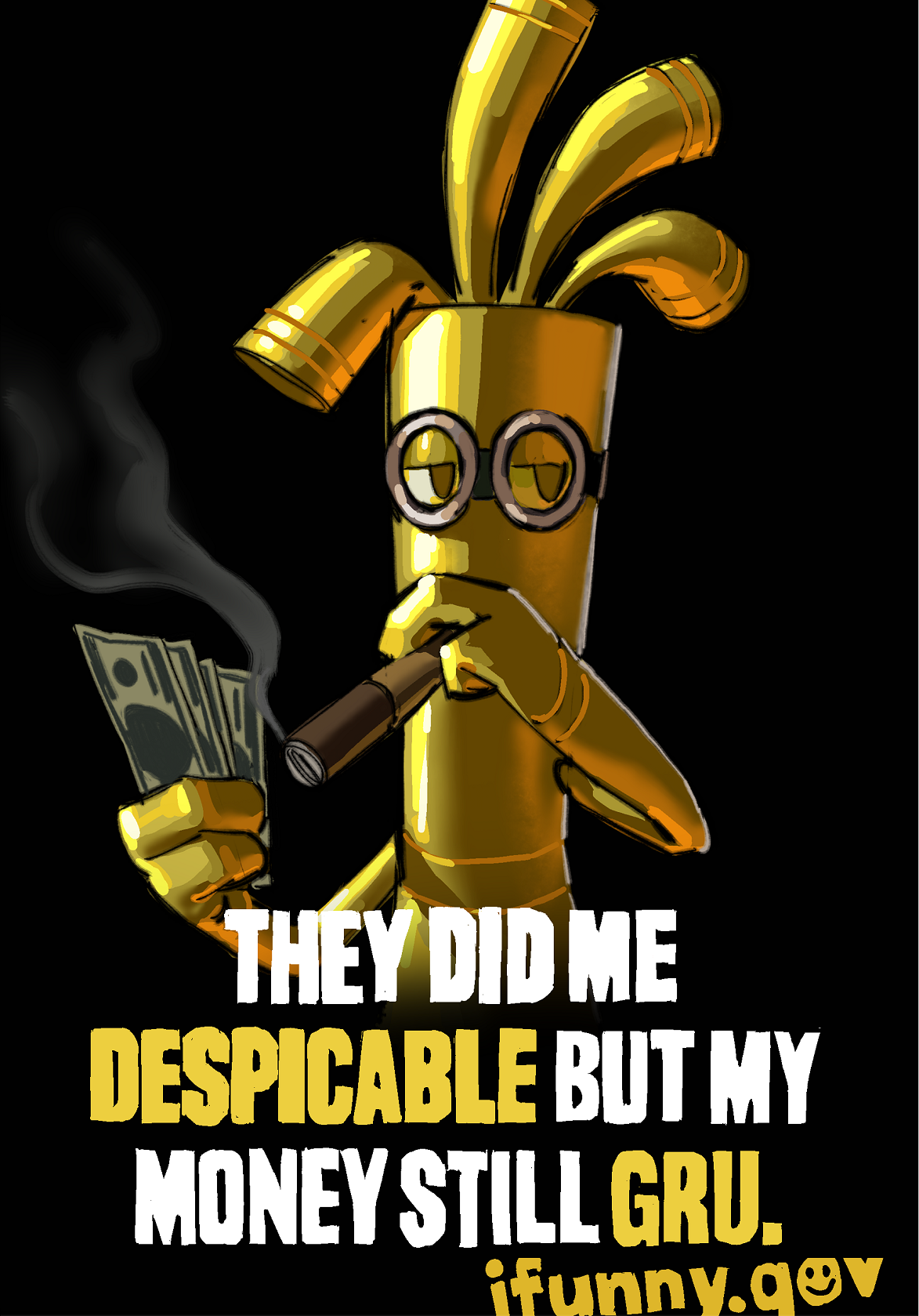 mannimarcos, gholdengo, minion (despicable me), despicable me, ifunny, nintendo, pokemon, highres, banknote, black background, cigar, cosplay, dollar bill, english text, fake website, glasses, meme, minion (despicable me) (cosplay), money, pokemon (creature), simple background, smoking, solo