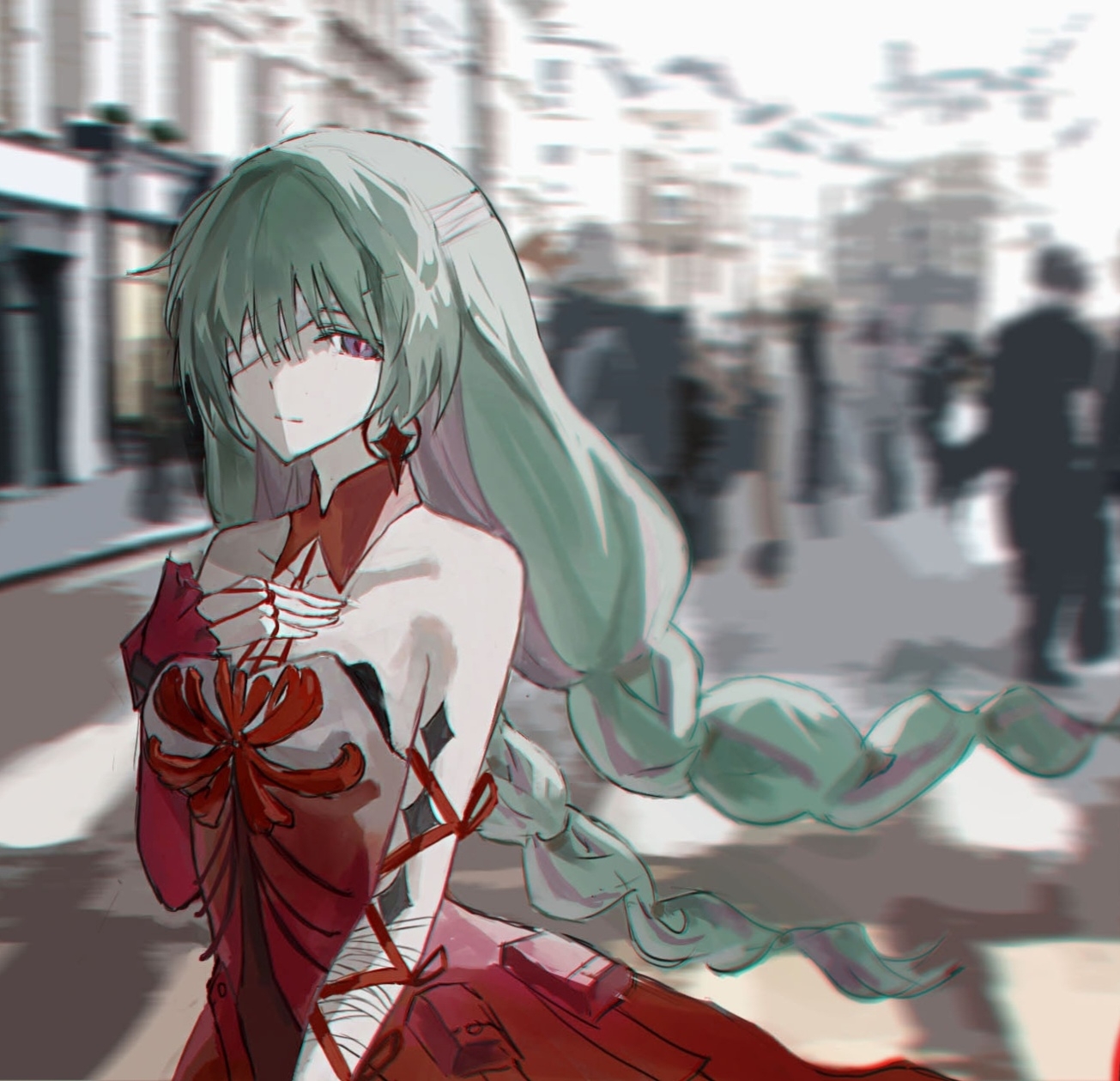 phrolova (wuthering waves), wuthering waves, chinese commentary, commentary request, highres, 1girl, bandage over one eye, bandaged arm, bandages, bare shoulders, blurry, blurry background, braid, breasts, chromatic aberration, closed mouth, dress, earrings, eif7, grey hair, halter dress, halterneck, hand on own chest, jewelry, long hair, low twin braids, medium breasts, multicolored hair, photo background, purple eyes, red dress, single sleeve, solo, streaked hair, tacet mark (wuthering waves), twin braids