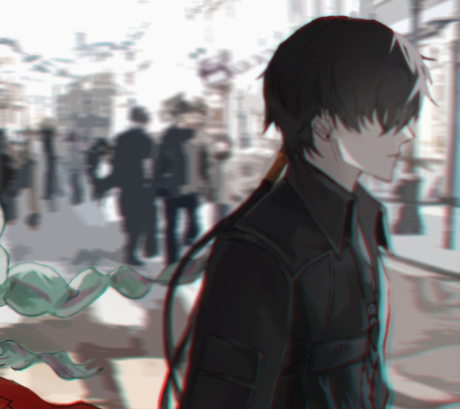 male rover (wuthering waves), phrolova (wuthering waves), rover (wuthering waves), wuthering waves, chinese commentary, commentary request, highres, 1boy, black hair, black jacket, blurry, blurry background, braid, chromatic aberration, closed mouth, collared jacket, eif7, jacket, low twin braids, male focus, out of frame, photo background, solo focus, twin braids