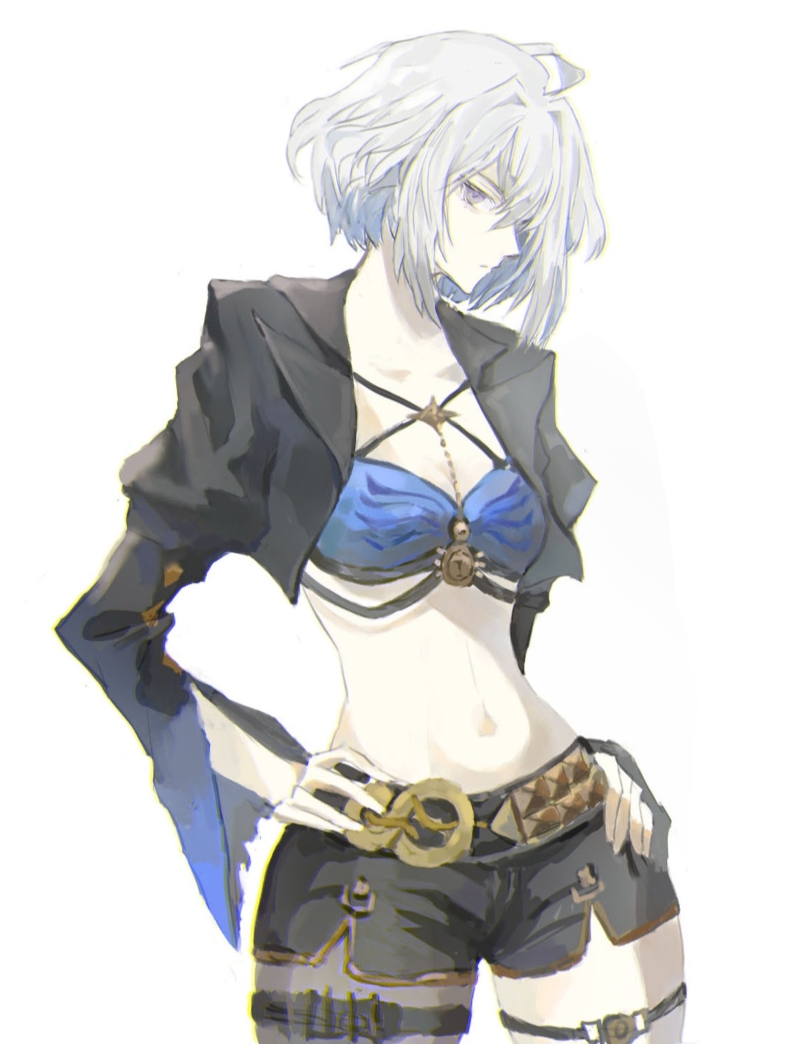 galbrena (wuthering waves), wuthering waves, chinese commentary, commentary request, highres, 1girl, black jacket, black pantyhose, black shorts, blue bra, bra, breasts, closed mouth, collarbone, cowboy shot, cropped jacket, eif7, grey hair, hands on own hips, jacket, looking at viewer, medium breasts, medium hair, navel, pantyhose, purple eyes, shorts, simple background, single leg pantyhose, solo, stomach, thigh strap, thighs, underwear, white background