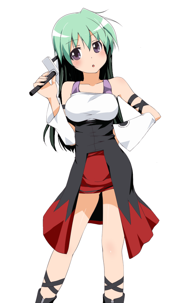 grune, original, 1girl, boots, breasts, female focus, hand on own hip, head tilt, large breasts, miniskirt, multicolored hair, purple eyes, simple background, skirt, solo, sword, weapon, white background