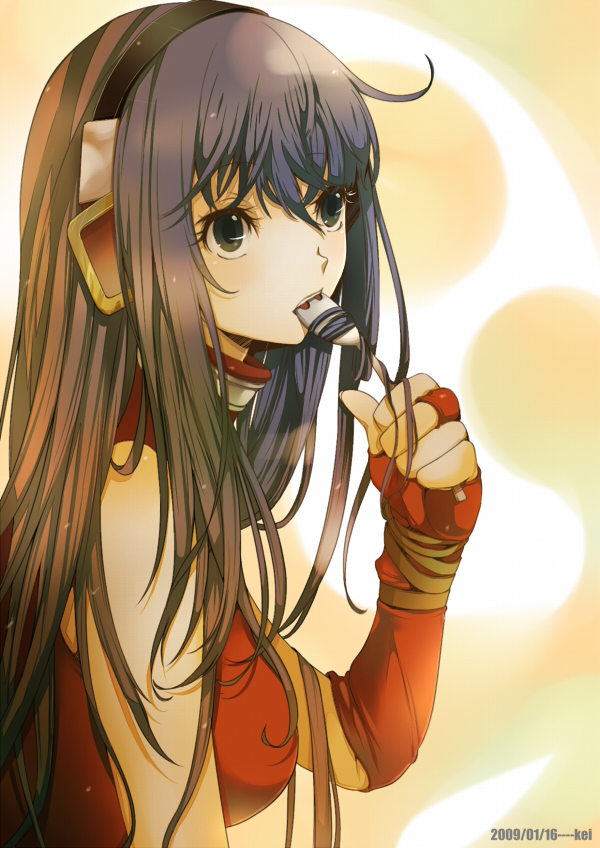 akishima kei, tagme, bridal gauntlets, headphones, long hair, mouth hold, solo
