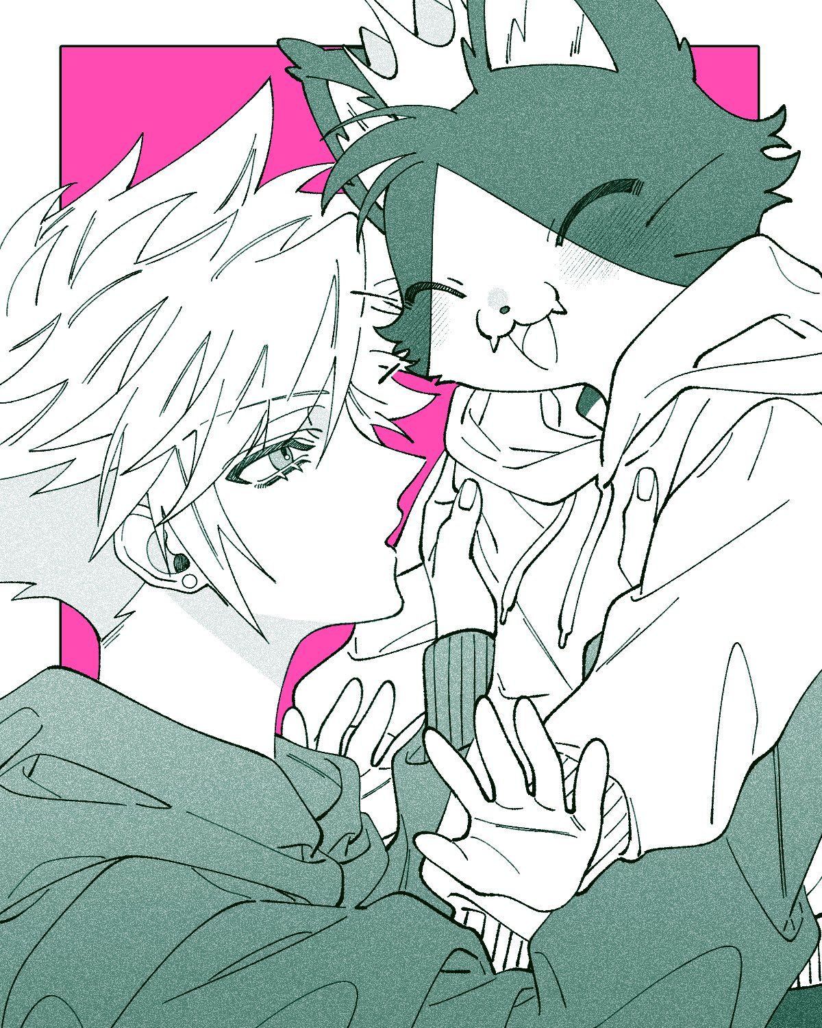 mob bouto 1, tuxedo cat, cait sith (final fantasy), cloud strife, final fantasy, final fantasy vii, final fantasy vii rebirth, final fantasy vii remake, highres, 1boy, animal, border, cat, crown, earrings, fangs, hair between eyes, holding, holding animal, holding cat, hood, hood down, hoodie, jewelry, looking at another, male focus, mini crown, parted lips, pink background, short hair, single earring, spiked hair, upper body, white border, white hoodie