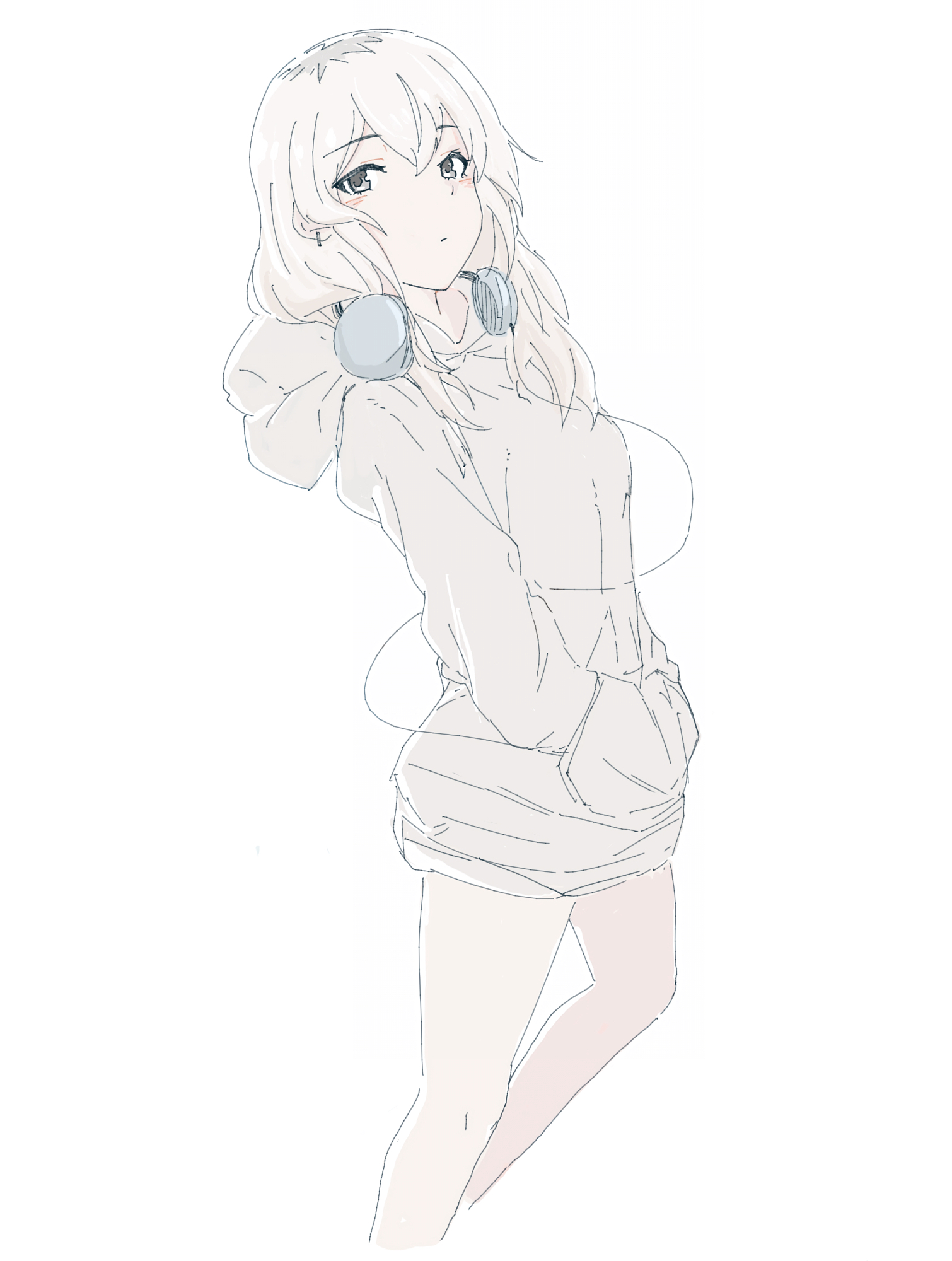 n nai nai n, kawaragi momoka, girls band cry, highres, 1girl, ear piercing, grey eyes, grey hair, grey hoodie, hair between eyes, hands in pockets, headphones, headphones around neck, hood, hood down, hoodie, long hair, long sleeves, multicolored hair, piercing, roots (hair), simple background, solo, white background