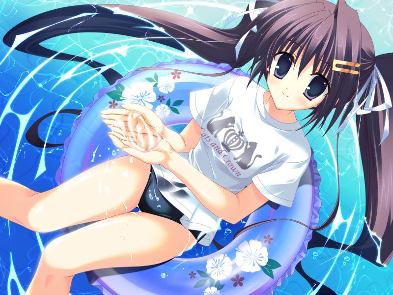 mitha, okamoto nonoka, clear (visual novel), game cg, non-web source, 1girl, afloat, black eyes, black hair, clothes writing, female focus, floating, hand scoop, innertube, long hair, no pants, one-piece swimsuit, school swimsuit, shirt, solo, swim ring, swimsuit, swimsuit under clothes, t-shirt, twintails