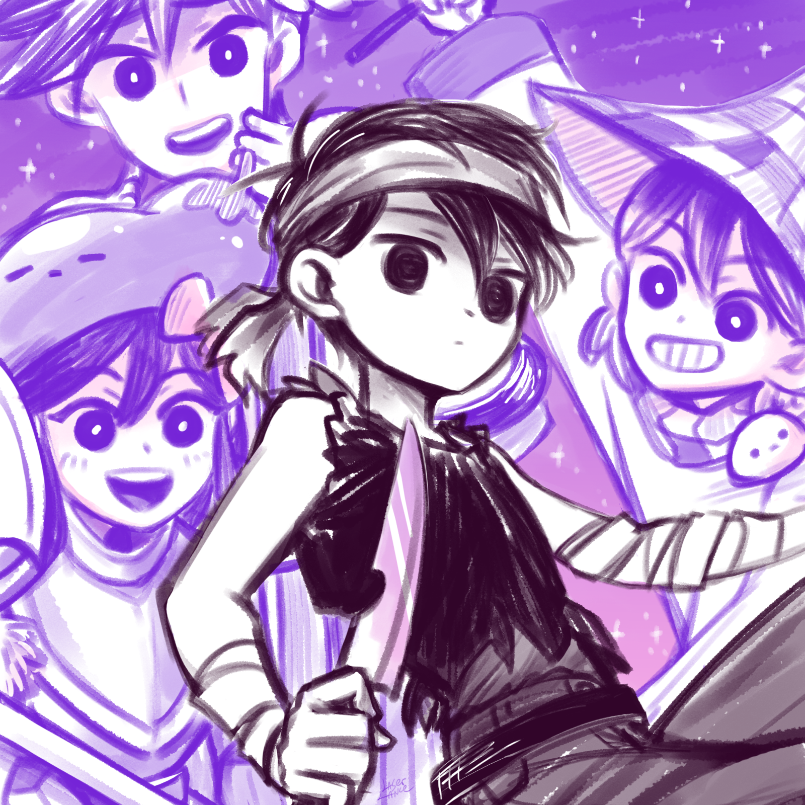 laser-lance, aubrey (headspace) (omori), aubrey (omori), hector (omori), hero (headspace) (omori), hero (omori), kel (headspace) (omori), kel (omori), mr. plantegg (omori), sunny (omori), omori, highres, 1girl, 3boys, alternate costume, bandaged arm, bandages, black eyes, black hair, black pants, bow, brothers, closed mouth, colored skin, double-parted bangs, grin, hair between eyes, hair bow, hat, holding, holding knife, knife, long hair, long sleeves, looking at another, looking at viewer, multiple boys, open mouth, pants, pet rock, pink bow, purple eyes, purple hair, purple sky, short hair, siblings, sky, smile, stuffed eggplant, teeth, white skin, wizard hat