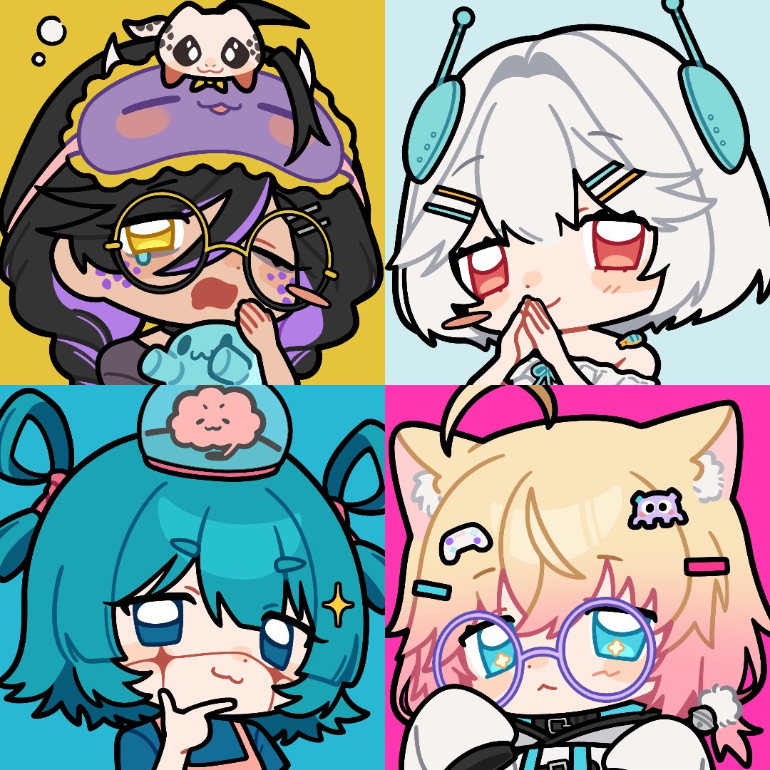 ellie minibot, minikomew, indie virtual youtuber, commentary, commission, english commentary, second-party source, vgen commission, 4girls, :<, :3, ahoge, animal, animal ear fluff, animal ears, animal on head, aqua eyes, aqua hair, aqua ribbon, bare shoulders, black hair, blonde hair, braid, brain, bug, cat ears, cat girl, chibi, chibi only, chrchie, closed mouth, codebug (ellie minibot), controller hair ornament, dot nose, drooling, exposed brain, eyelashes, flat color, gradient hair, hair between eyes, hair ornament, hairclip, hand on own chin, holding, holding stuffed toy, lizard, long hair, long sleeves, mask, mask on head, mouth drool, multicolored hair, multiple girls, neck ribbon, nostrils, on head, one eye closed, onigiwi2namayo, open mouth, own hands together, pink hair, purple-framed eyewear, purple hair, red eyes, ribbon, round eyewear, shoomimi, short hair, single tear, sleep mask, sleepy, sleeves past fingers, sleeves past wrists, smile, stuffed toy, twin braids, twintails, two-tone eyewear, two-tone hair, virtual youtuber, white hair, yawning, yellow eyes