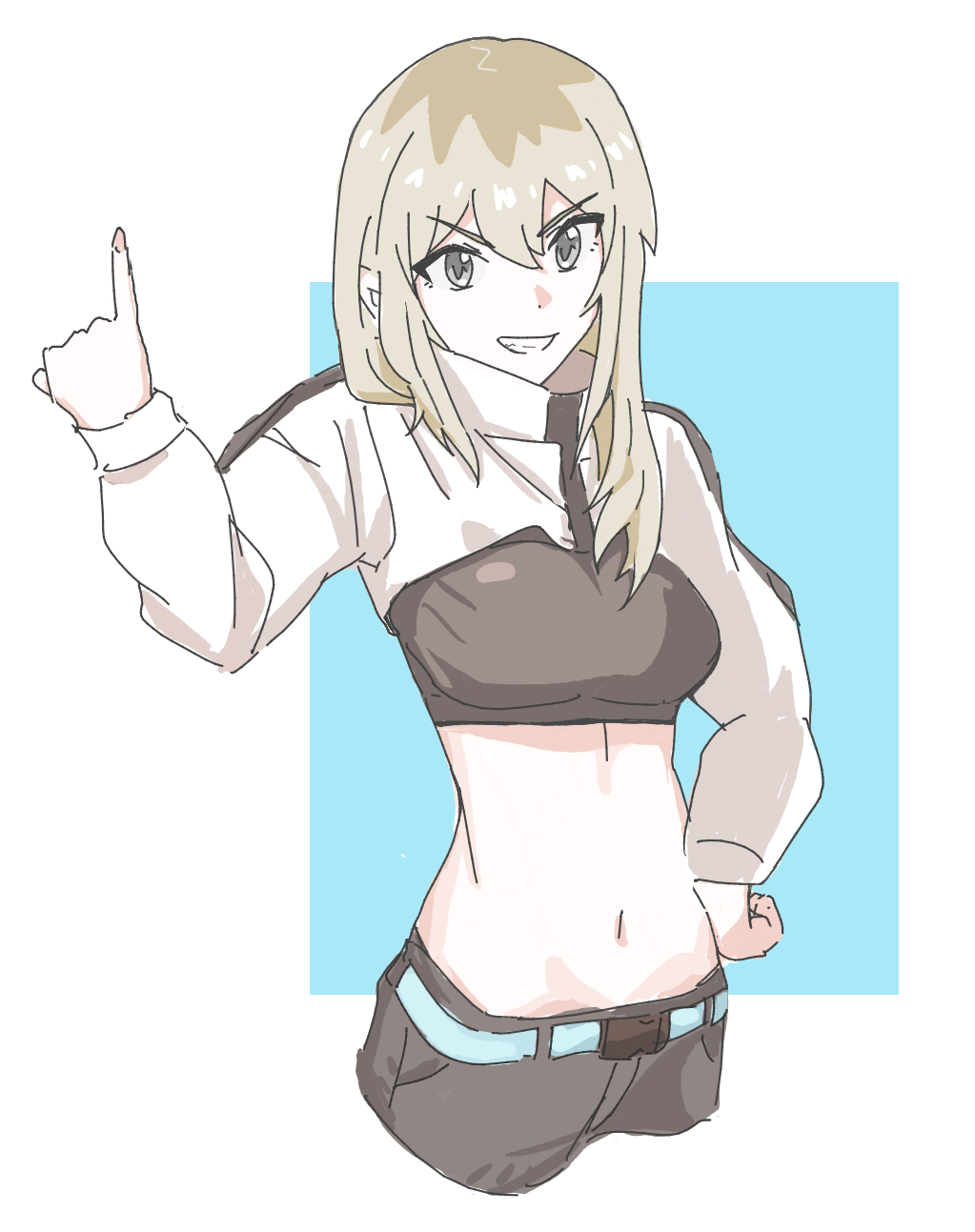 n nai nai n, kawaragi momoka, girls band cry, highres, 1girl, breasts, crop top, cropped jacket, grey eyes, grey hair, hand on own hip, jacket, long sleeves, medium breasts, multicolored hair, navel, open mouth, pinky out, roots (hair), sidelocks, solo, stomach, white jacket