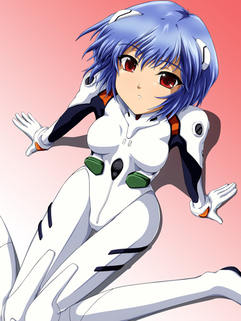 ayanami rei, neon genesis evangelion, non-web source, tagme, blue hair, mecha pilot suit, plugsuit (evangelion), red eyes, short hair, solo