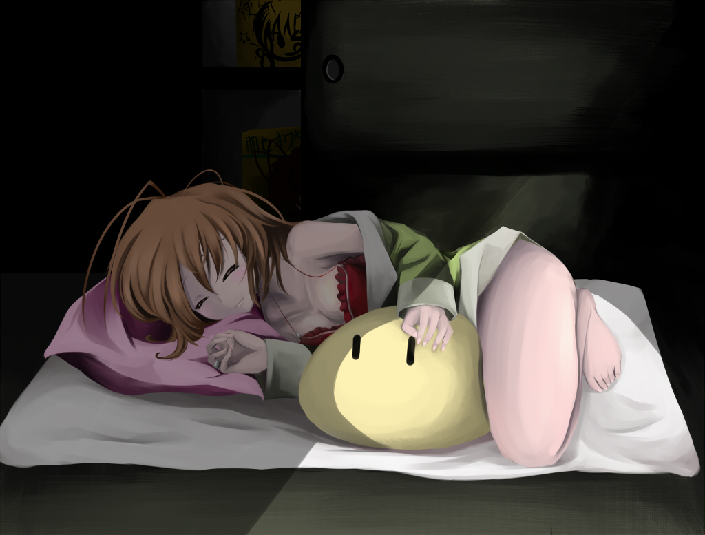 mr chwadee, furukawa nagisa, clannad, dango daikazoku, 00s, 1girl, antenna hair, barefoot, bra, breasts, brown hair, cleavage, dango, female focus, food, lingerie, medium breasts, pajamas, short hair, sleeping, solo, underwear, wagashi