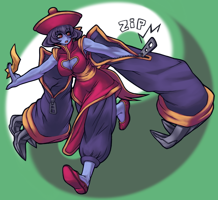 hsien-ko, capcom, darkstalkers, bad id, bad pixiv id, 1girl, blue skin, breasts, cleavage, cleavage cutout, clothing cutout, colored skin, female focus, flipped hair, solo, zipper