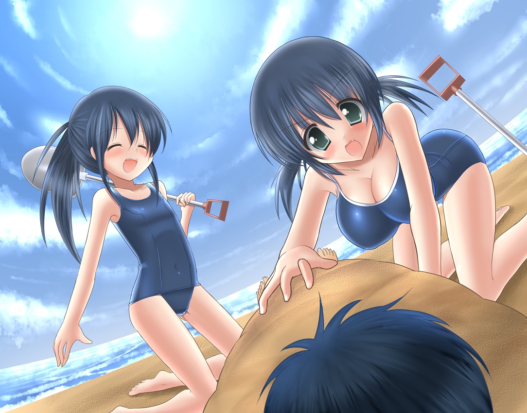 kemu, character request, source request, 2girls, aqua eyes, barefoot, beach, blue hair, breasts, buried, cleavage, closed eyes, day, fang, flat chest, large breasts, loli, multiple girls, ocean, one-piece swimsuit, open mouth, outdoors, ponytail, school swimsuit, shovel, sky, sun, swimsuit, twintails, worktool