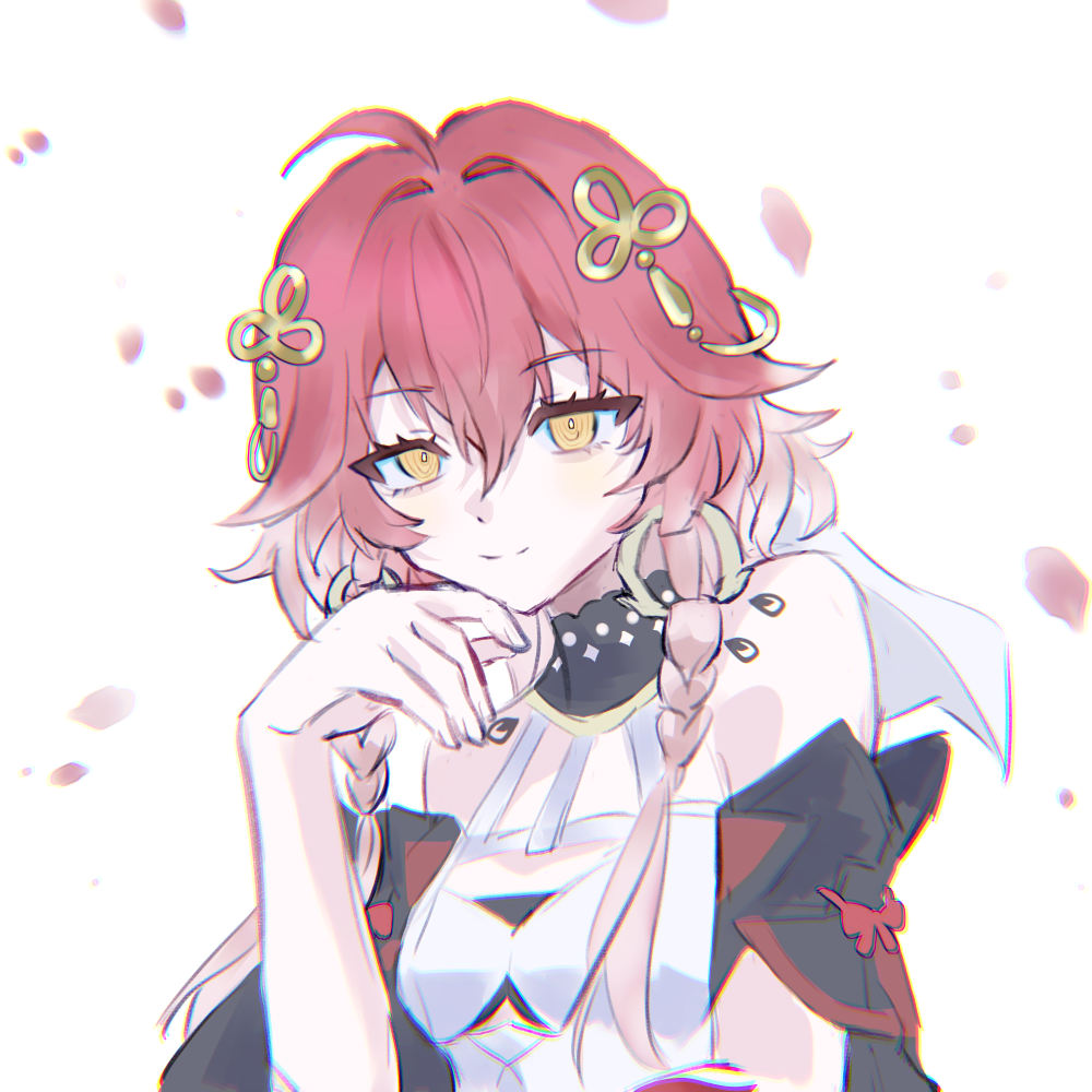 changli (wuthering waves), wuthering waves, 1girl, ahoge, bare shoulders, body markings, braid, breasts, chromatic aberration, closed mouth, hair between eyes, hair extensions, hair ornament, hand up, looking at viewer, medium breasts, orange eyes, red petals, ring hair extensions, smile, solo, upper body, white background, ya ya shaoye