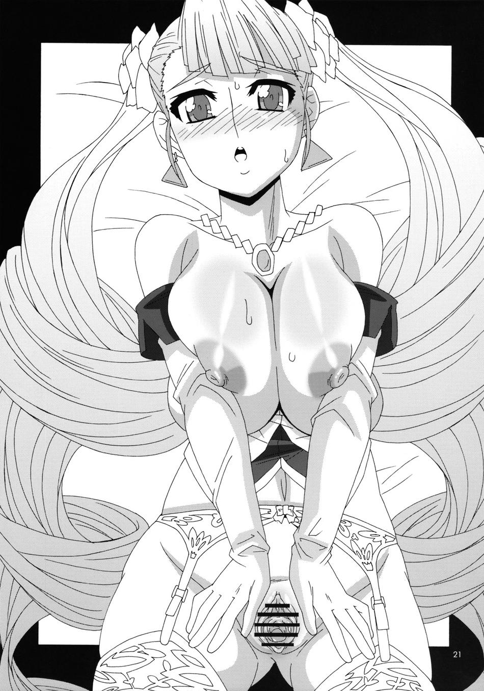 petra johanna lagerkvist, aq interactive, arcana heart, arcana heart 2, atlus, examu, highres, breasts, censored, drill hair, earrings, jewelry, monochrome, necklace