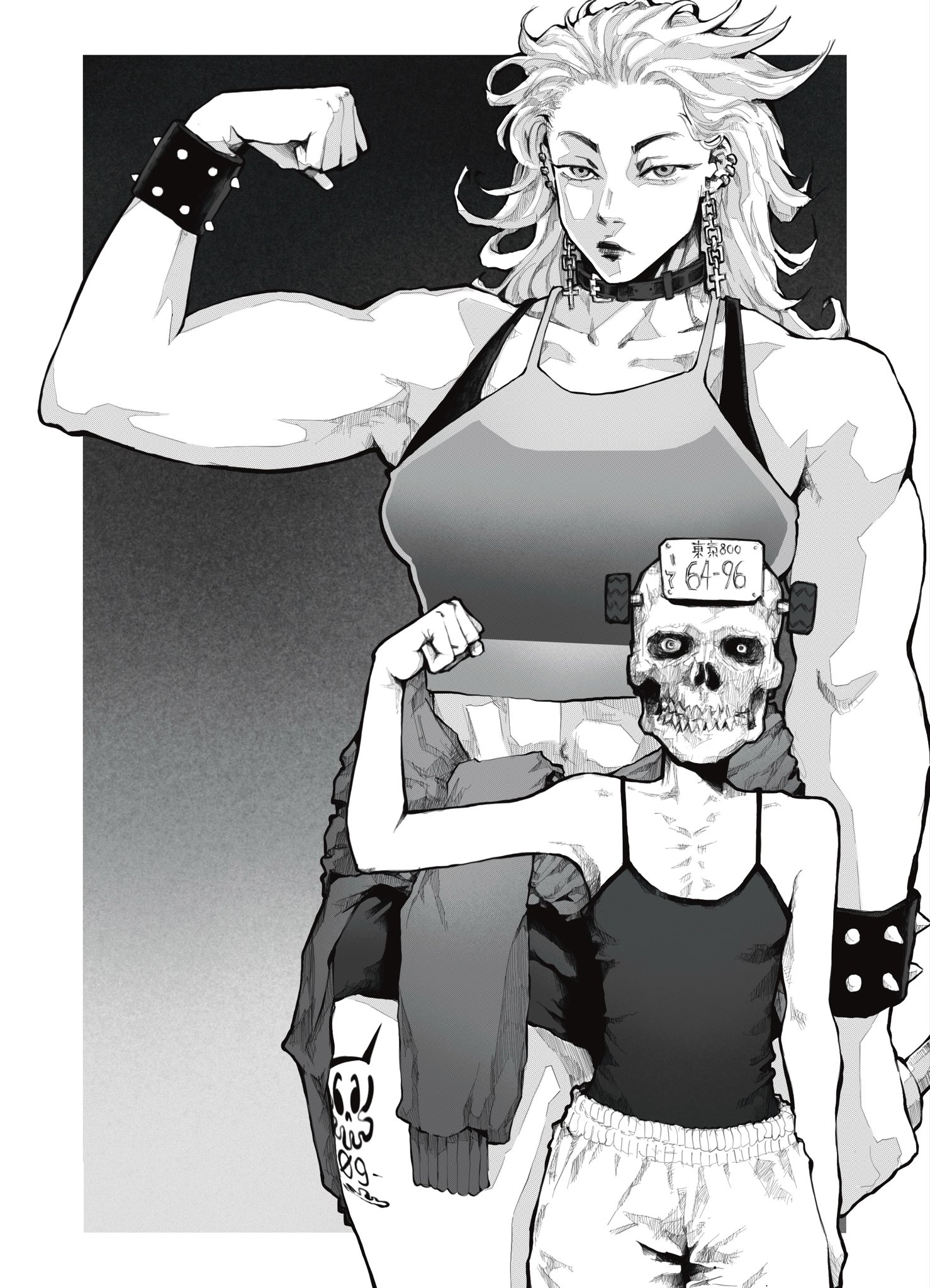 ebisu (dorohedoro), noi (dorohedoro), dorohedoro, highres, 2girls, abs, bare shoulders, biceps, bracelet, breasts, chain, chain earrings, choker, closed mouth, cowboy shot, jewelry, large breasts, long hair, monochrome, multiple girls, muscular, muscular female, navel, shirt, skull, sleeveless, sleeveless shirt, small breasts, spiked bracelet, spikes, sports bra, tall female, vinsent
