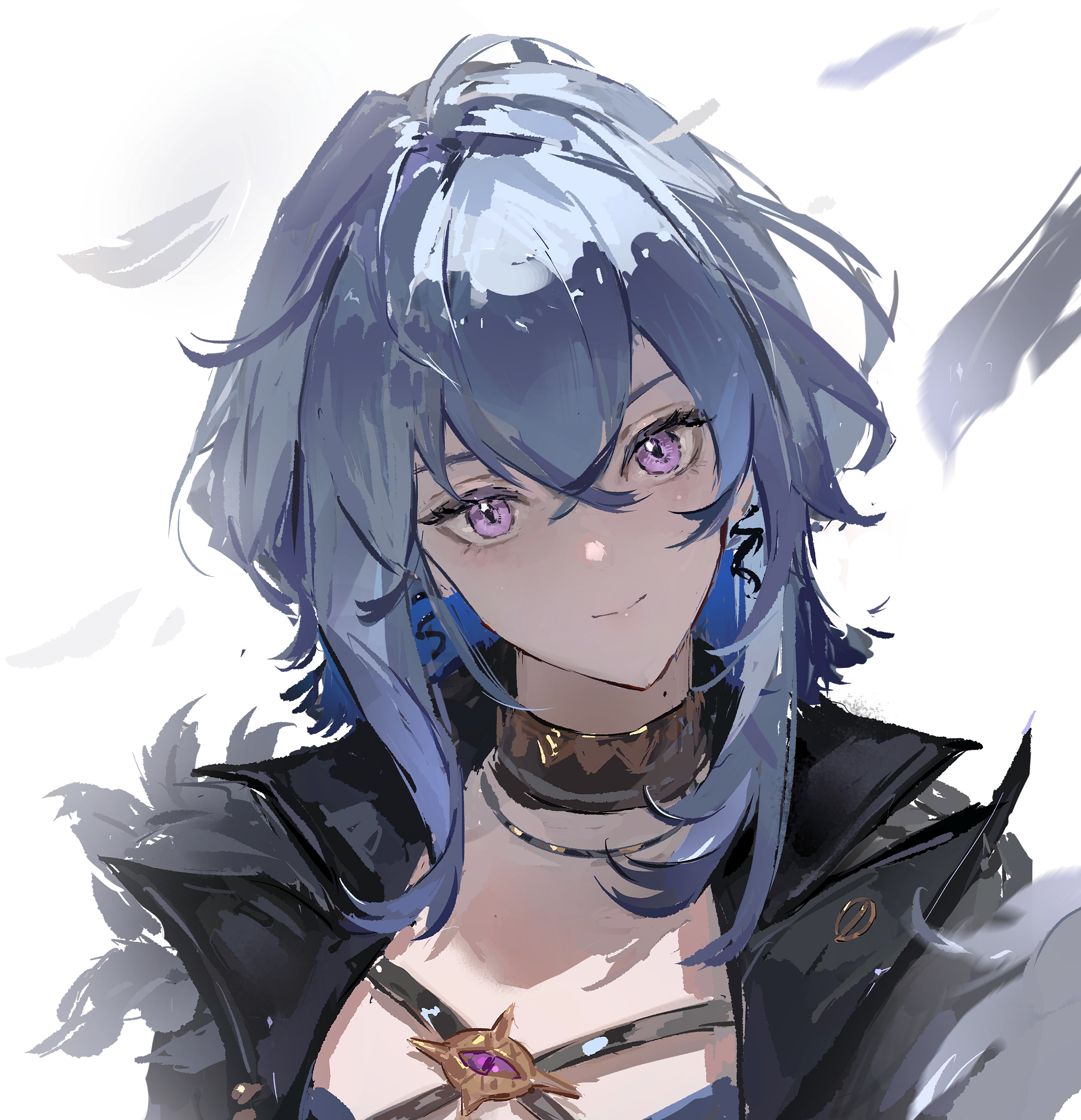 shanlin suren, galbrena (wuthering waves), wuthering waves, absurdres, highres, 1girl, blue hair, closed mouth, colored inner hair, earrings, gold choker, grey hair, hair between eyes, jewelry, looking at viewer, medium hair, multicolored hair, portrait, purple eyes, simple background, smile, solo, white background