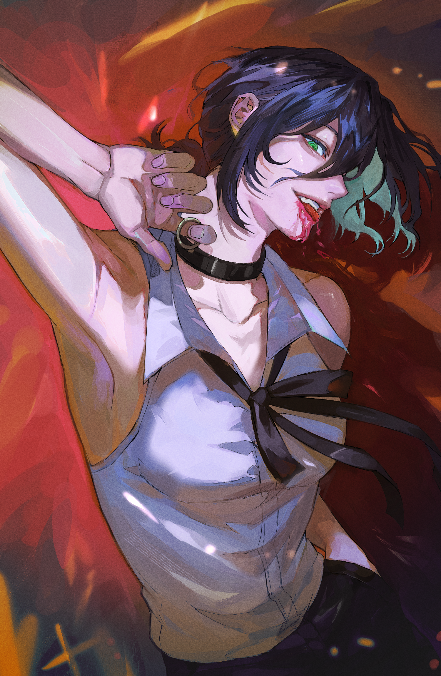 hxgn 909, reze (chainsaw man), chainsaw man, highres, 1girl, black choker, black hair, black ribbon, blood, blood from mouth, breasts, choker, collared shirt, green eyes, grenade pin, grey shirt, hair bun, neck ribbon, ribbon, shirt, shirt tucked in, small breasts, solo, tongue, tongue out