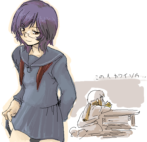 makui (umaku ikanai), billy katagiri, regene regetta, gundam, gundam 00, bad id, bad pixiv id, translation request, 00s, 2boys, clothes lift, cowboy shot, crossdressing, crossdressing (mtf), drink, lifting own clothes, multiple boys, oekaki, school uniform, serafuku, simple background, skirt, skirt lift, solo focus, standing, trap