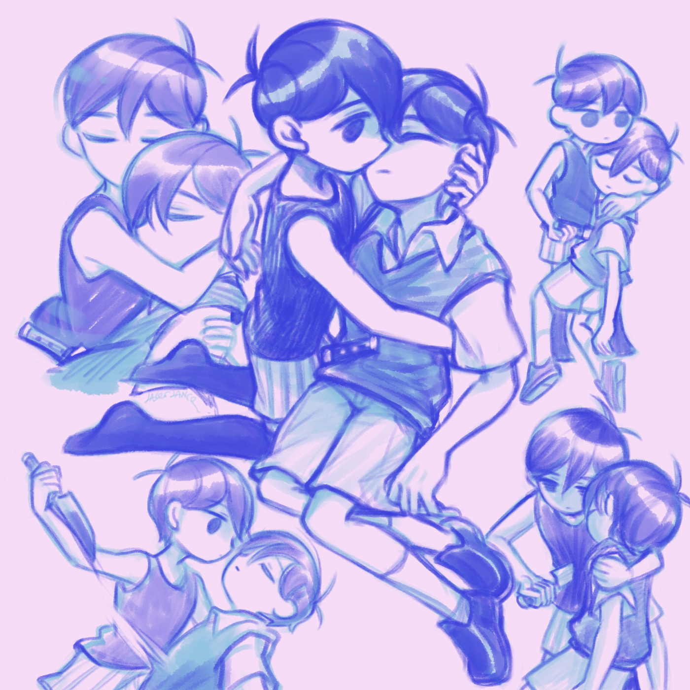 laser-lance, omori (omori), sunny (omori), omori, highres, 2boys, antenna hair, chibi, closed eyes, closed mouth, collared shirt, double-parted bangs, hair between eyes, holding, holding knife, knife, loafers, looking at another, male focus, monochrome, multiple boys, shirt, shoes, short sleeves, shorts, simple background, socks, stab, striped clothes, striped shorts, sweater vest, tank top, thighhighs, vertical-striped clothes, vertical-striped shorts