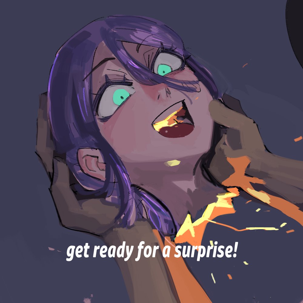 33dot, reze (chainsaw man), chainsaw man, commentary, english commentary, 1girl, 1other, glowing mouth, green eyes, grey background, hair between eyes, holding detached head, imminent explosion, open mouth, purple hair, severed head