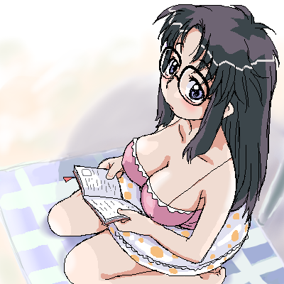 yomiko readman, read or die, lowres, 00s, 1girl, beach, blush, book, breasts, cleavage, female focus, glasses, innertube, large breasts, long hair, sitting, solo, swim ring, towel, umbrella