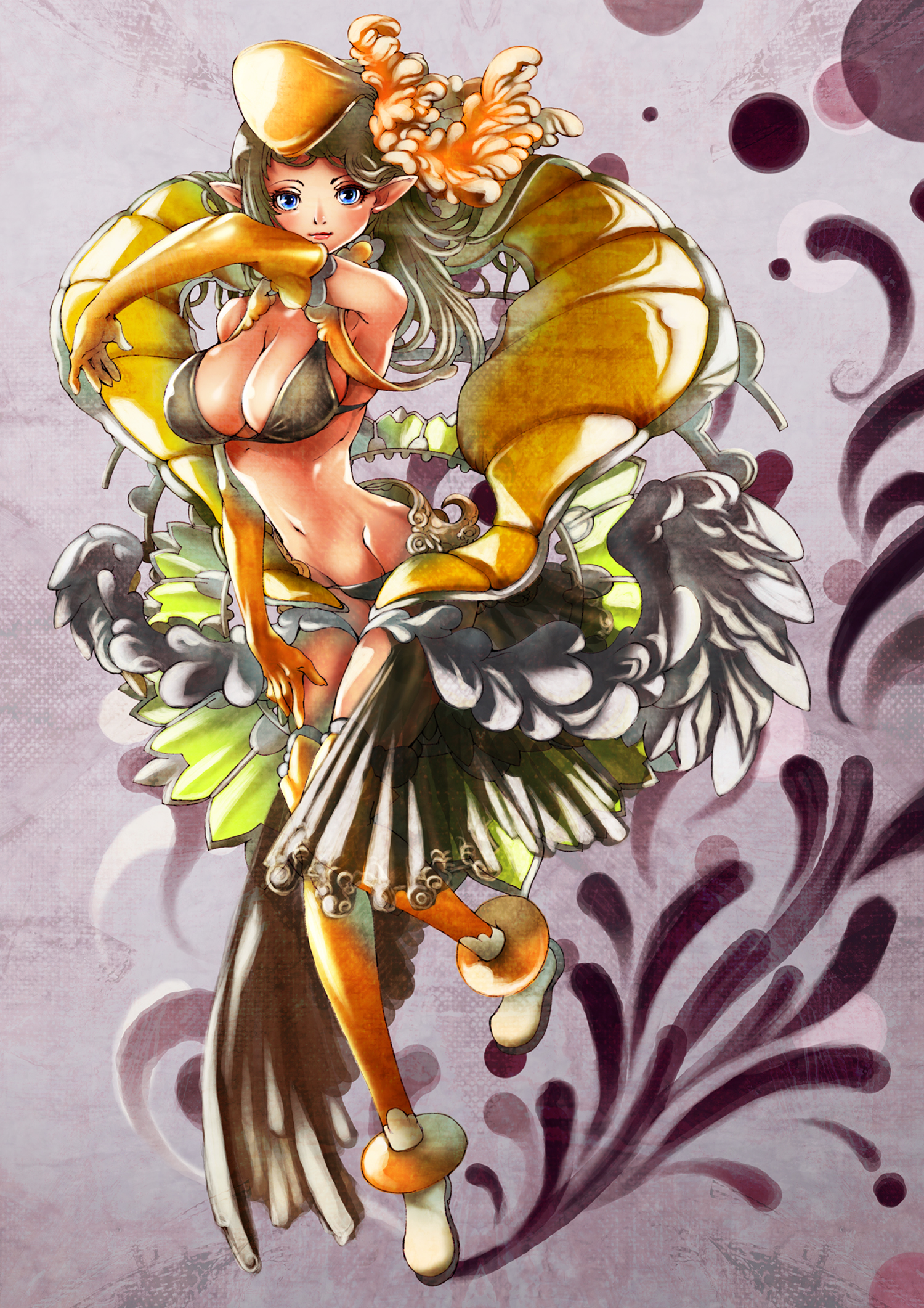 shinjuro yuri, highres, bikini, bikini top only, blue eyes, breasts, brown hair, cleavage, elbow gloves, gloves, hat, huge breasts, lips, navel, pointy ears, solo, swimsuit, thighhighs, wavy hair