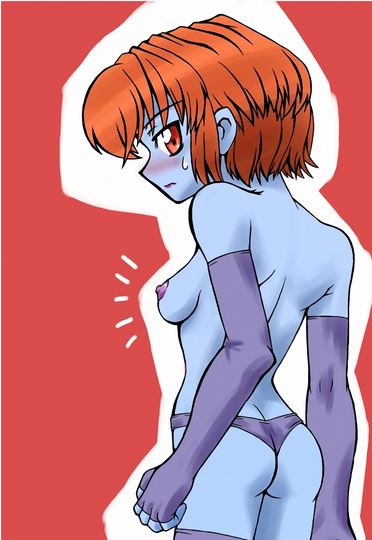 dokurogunsou, lord raptor, capcom, darkstalkers, highres, 1girl, ass, blush, breasts, elbow gloves, female focus, fingerless gloves, genderswap, genderswap (mtf), gloves, midnight bliss, panties, sideboob, small breasts, solo, sweatdrop, thong, underwear