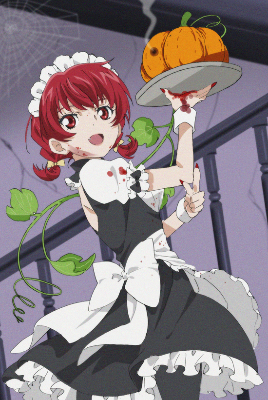 fumiko (mesushi), iria animi, tales of (series), tales of innocence, 1girl, apron, dress, frilled apron, frills, halloween, looking at viewer, maid, maid apron, maid headdress, open mouth, pumpkin, red eyes, red hair, red nails, short hair, silk, smile, solo, spider web, stairs, tray, very short hair, white apron