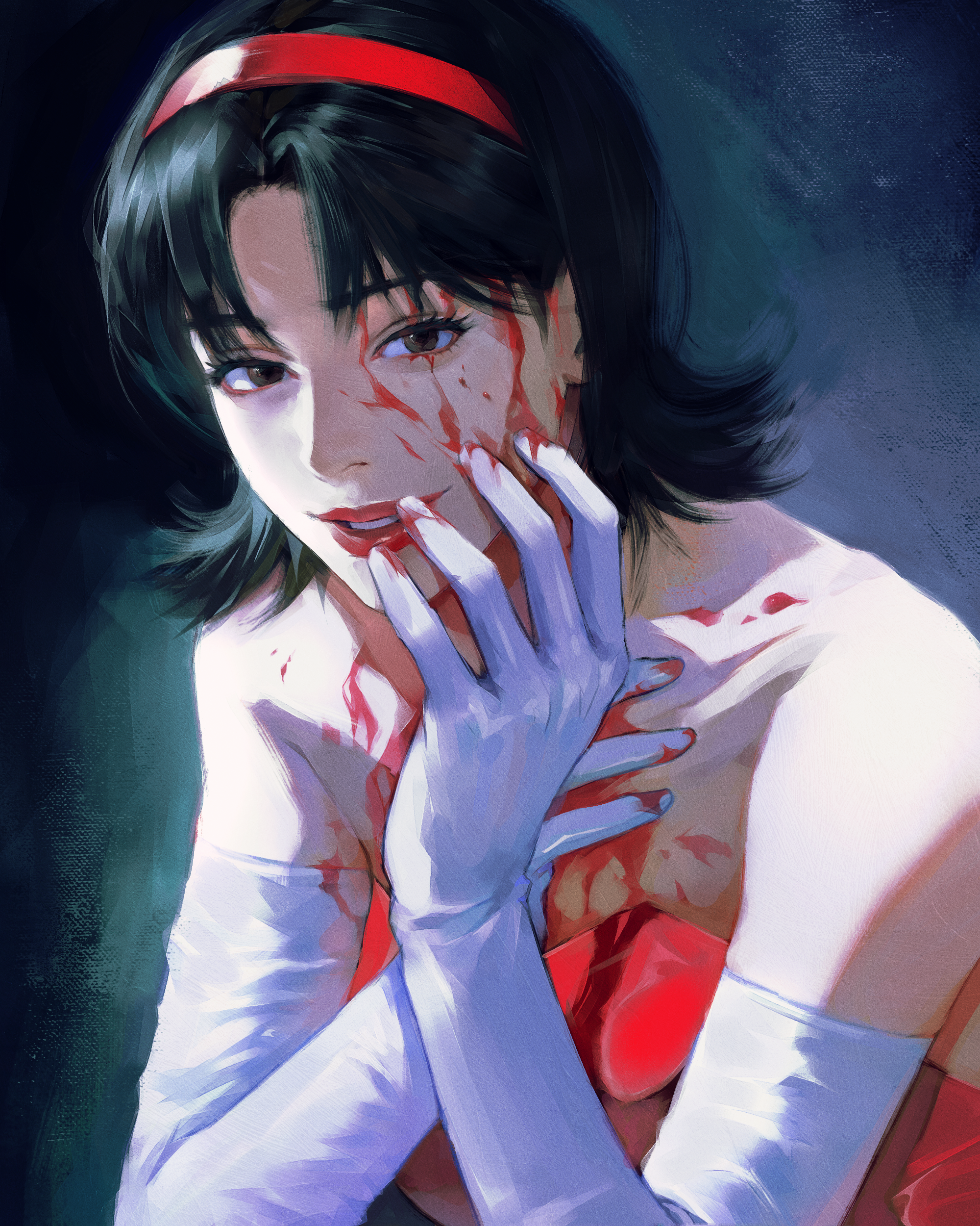 hxgn 909, kirigoe mima, perfect blue, absurdres, highres, 1girl, black eyes, black hair, blood, blood on body, blood on face, dress, elbow gloves, gloves, hairband, looking at viewer, medium hair, red dress, red hairband, red lips, solo, white gloves