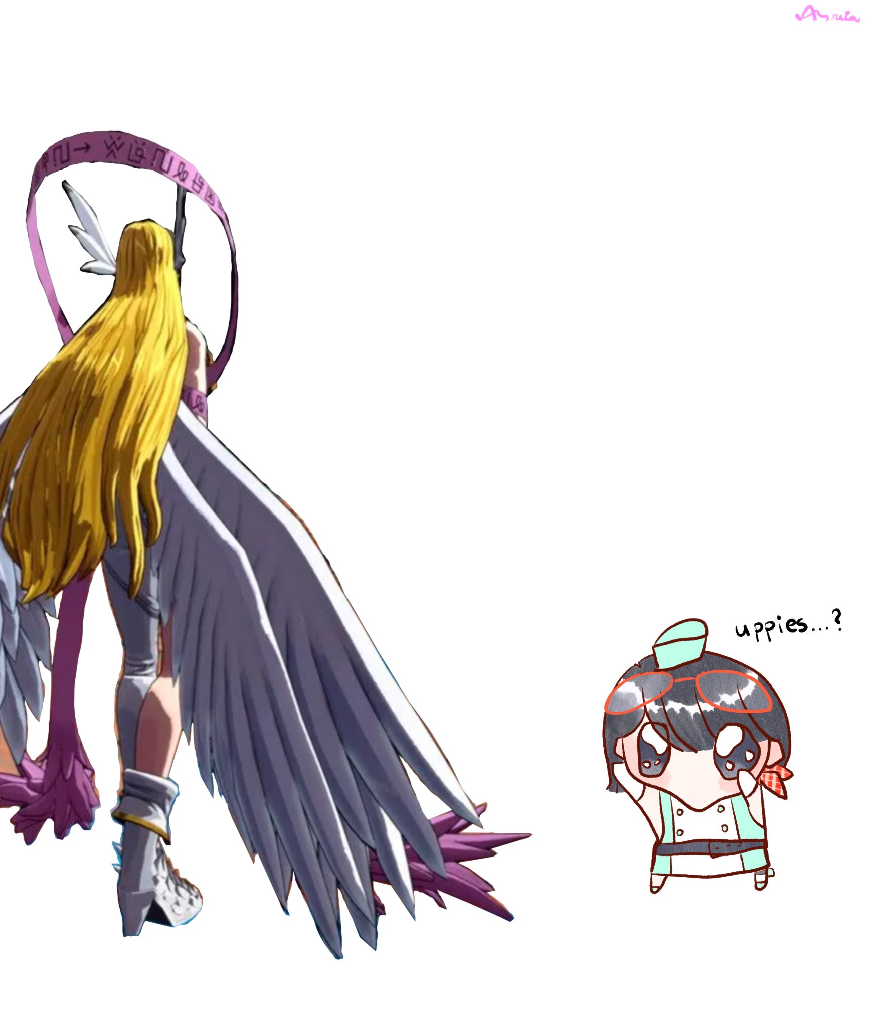 angewomon, yuuki kanan, digimon, digimon story: time stranger, artist request, highres, 2girls, ?, arms up, bare shoulders, black hair, blue eyes, dress, english text, goggles, goggles on head, green dress, green hat, gun, hat, holding, holding weapon, long hair, looking at another, meme, meme request, multiple girls, short hair, standing, two-tone dress, weapon, white background, white dress