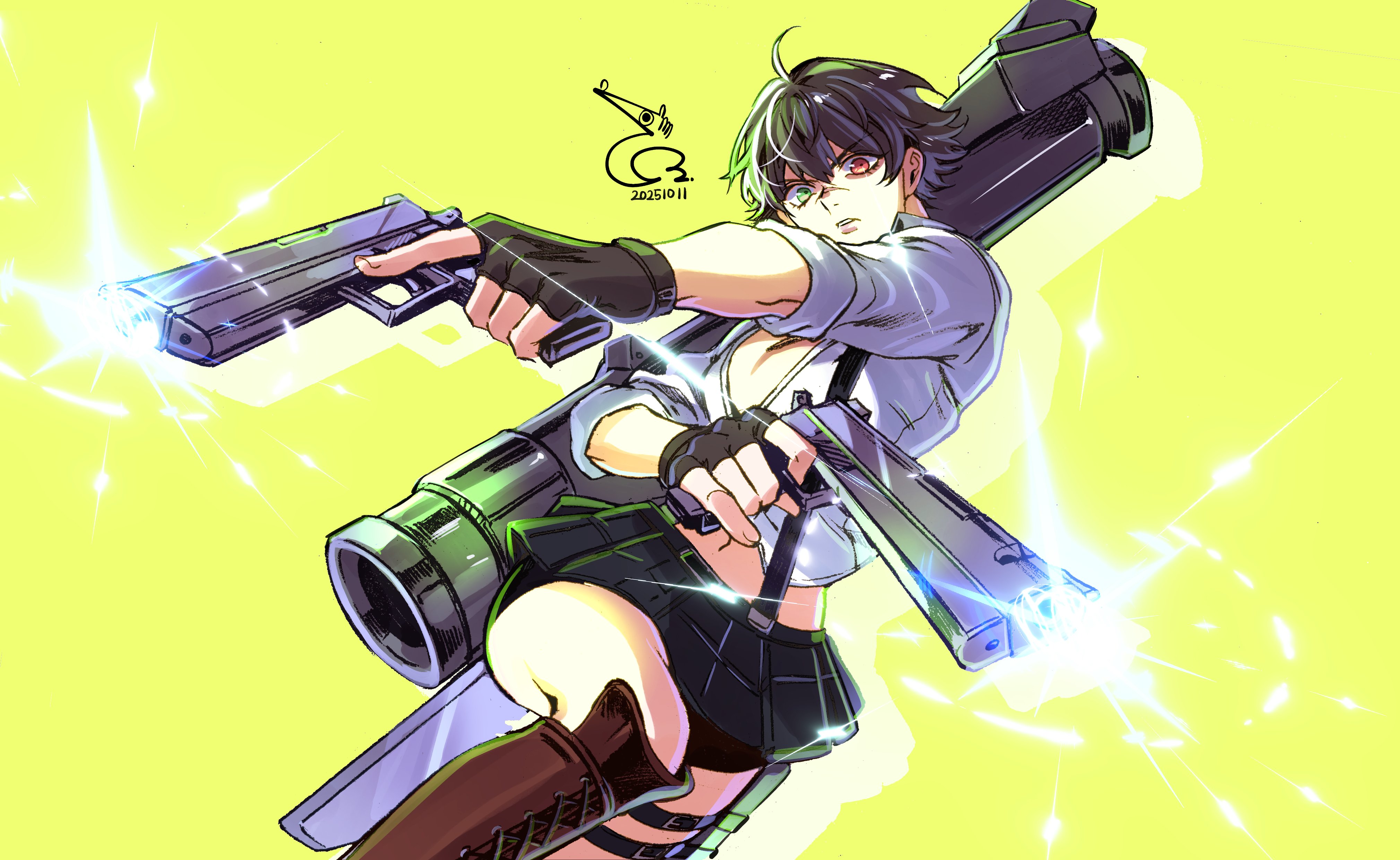 lady (devil may cry), devil may cry, devil may cry (series), devil may cry 3, absurdres, highres, 1girl, baehee5502, bike shorts, black gloves, black hair, boots, dated, fingerless gloves, gloves, green eyes, gun, handgun, heterochromia, holding, holding gun, holding weapon, kalina ann (weapon), midriff, red eyes, rocket launcher, scar, scar on face, scar on nose, shirt, signature, simple background, weapon, white shirt, yellow background
