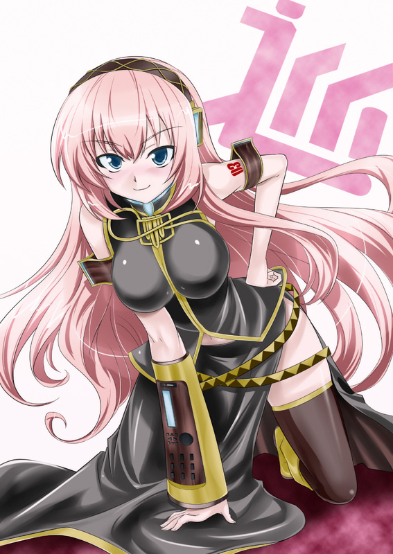 nakahira guy, megurine luka, vocaloid, md5 mismatch, resolution mismatch, source smaller, 1girl, aqua eyes, arm support, armband, bare shoulders, black armband, breasts, closed mouth, eyebrows hidden by hair, female focus, hair between eyes, hairband, hand on own hip, kneeling, large breasts, leaning forward, long hair, looking at viewer, pink hair, shiny clothes, sleeveless, smile, solo, thighhighs, very long hair, white background