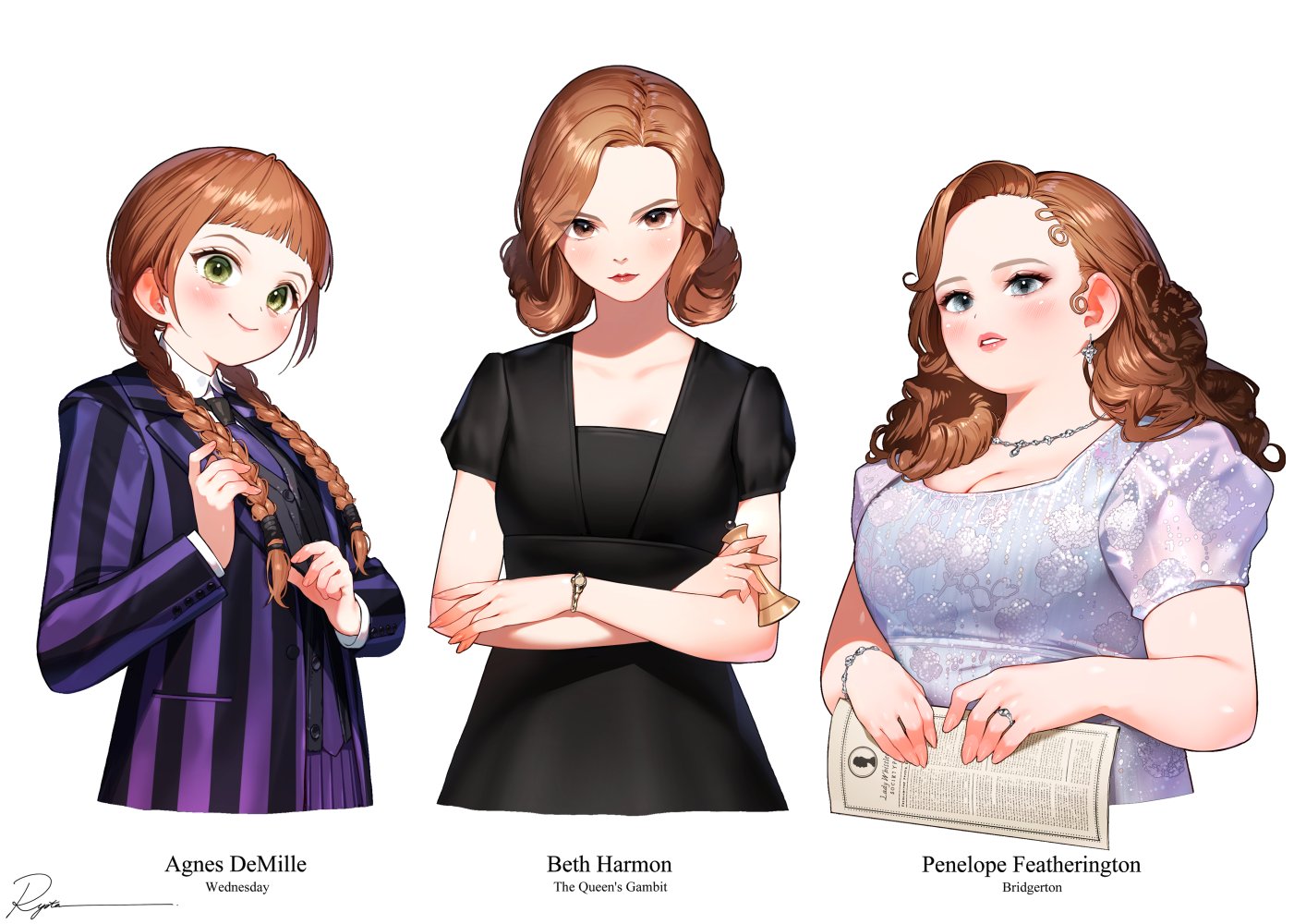 ryota (ry o ta), agnes demille, elizabeth harmon, bridgerton, netflix, the addams family, the queen's gambit, wednesday (netflix), 3girls, black dress, black vest, blunt bangs, bracelet, braid, breasts, brown eyes, brown hair, character name, chess piece, cleavage, closed mouth, collared shirt, copyright name, crossed arms, curly hair, dress, earrings, green eyes, grey dress, grey eyes, hand in own hair, holding, holding chess piece, holding newspaper, jacket, jewelry, light blush, long hair, medium breasts, medium hair, multiple girls, necktie, newspaper, parted lips, penelope featherington, plump, purple jacket, purple necktie, ring, school uniform, shirt, short sleeves, signature, smile, striped clothes, striped jacket, suit jacket, twin braids, upper body, vest, white background, white shirt