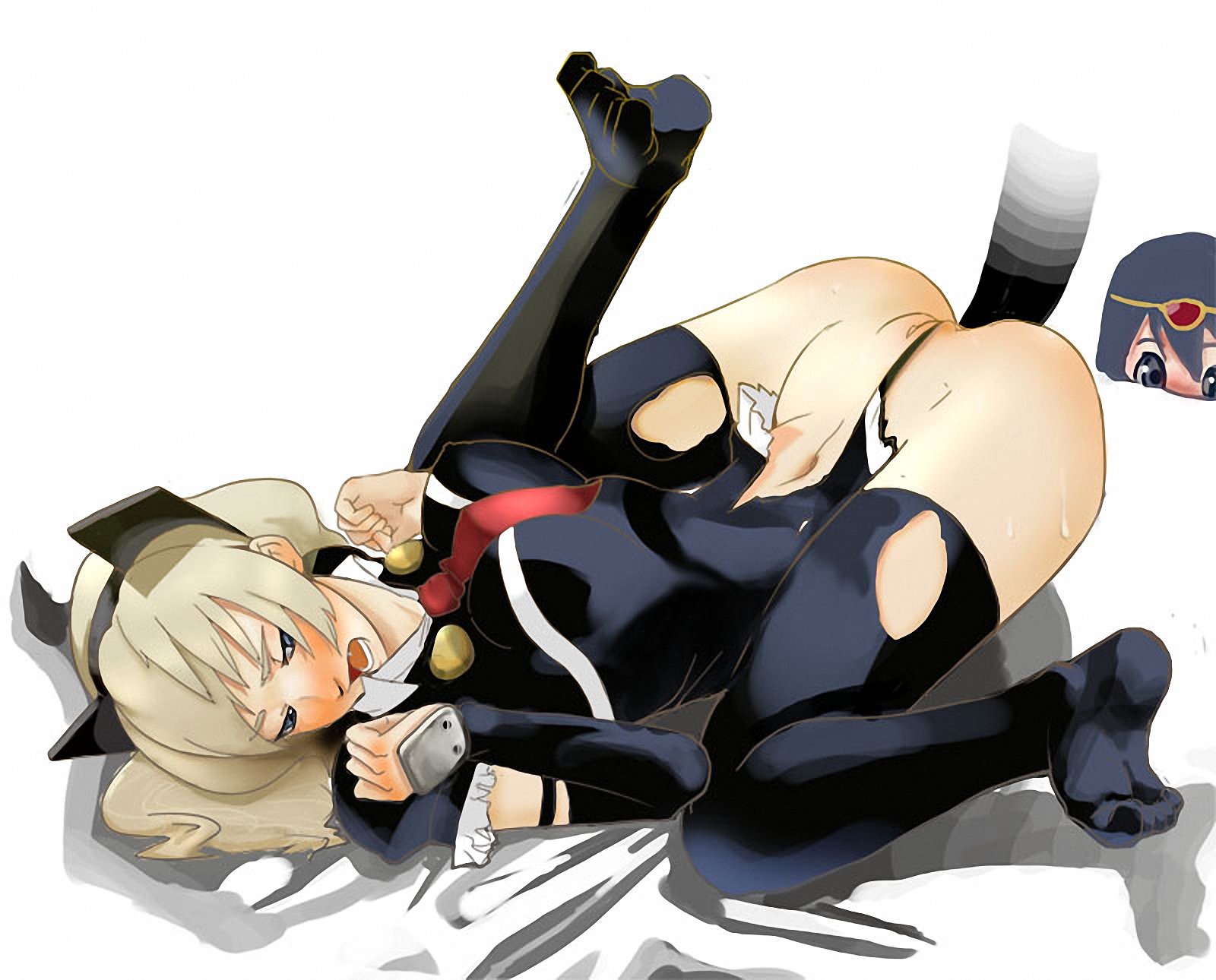 fatina, ki (druaga), druaga no tou, highres, 2girls, anal, blush, clothed sex, folded, knees to chest, lying, multiple girls, navel, on back, penis, sex, solo focus, sweat, thighhighs, torn clothes, uncensored