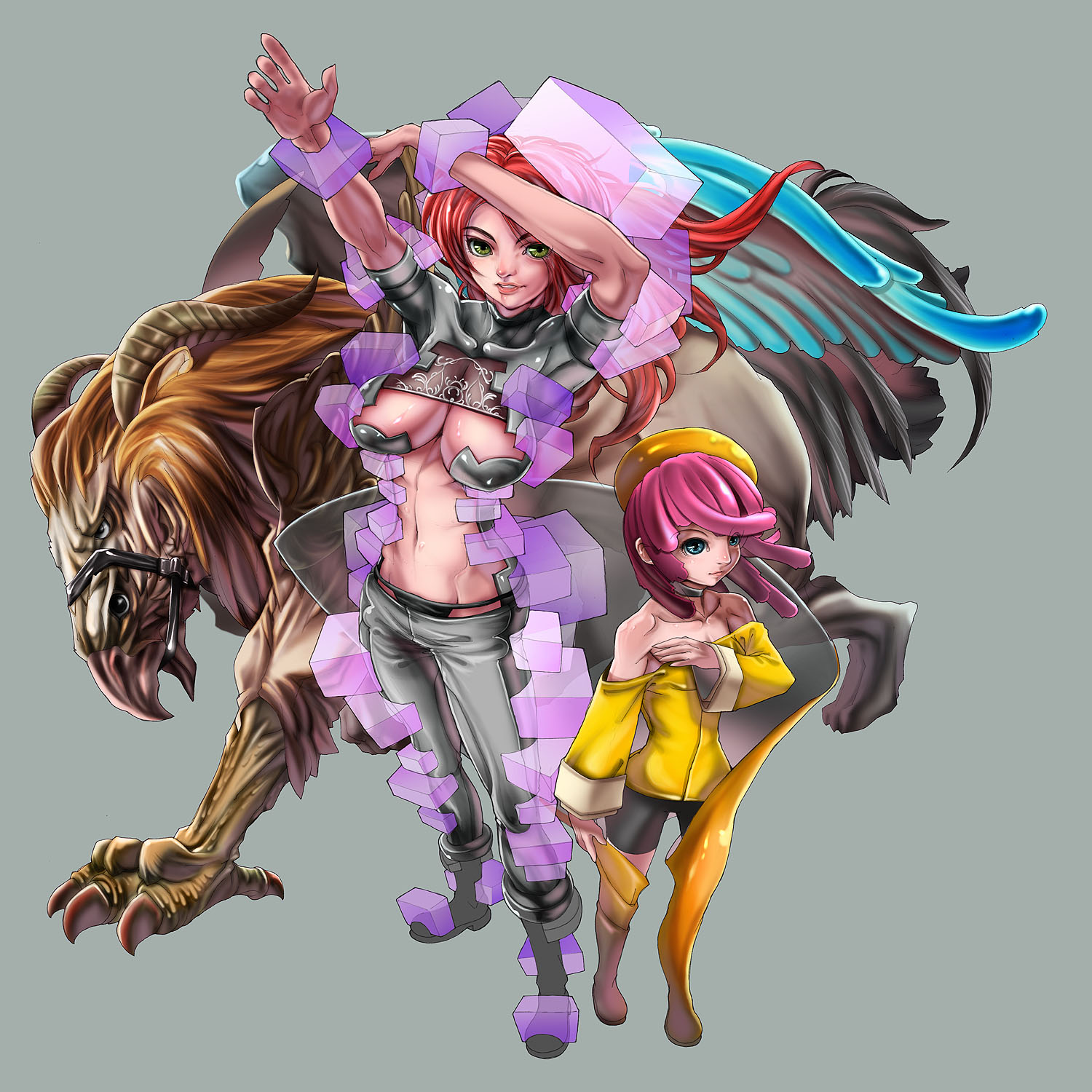 shinjuro yuri, highres, 2girls, abs, armpits, boots, breasts, cleavage, flat chest, green eyes, huge breasts, lips, long hair, multiple girls, muscular, pink hair, red hair