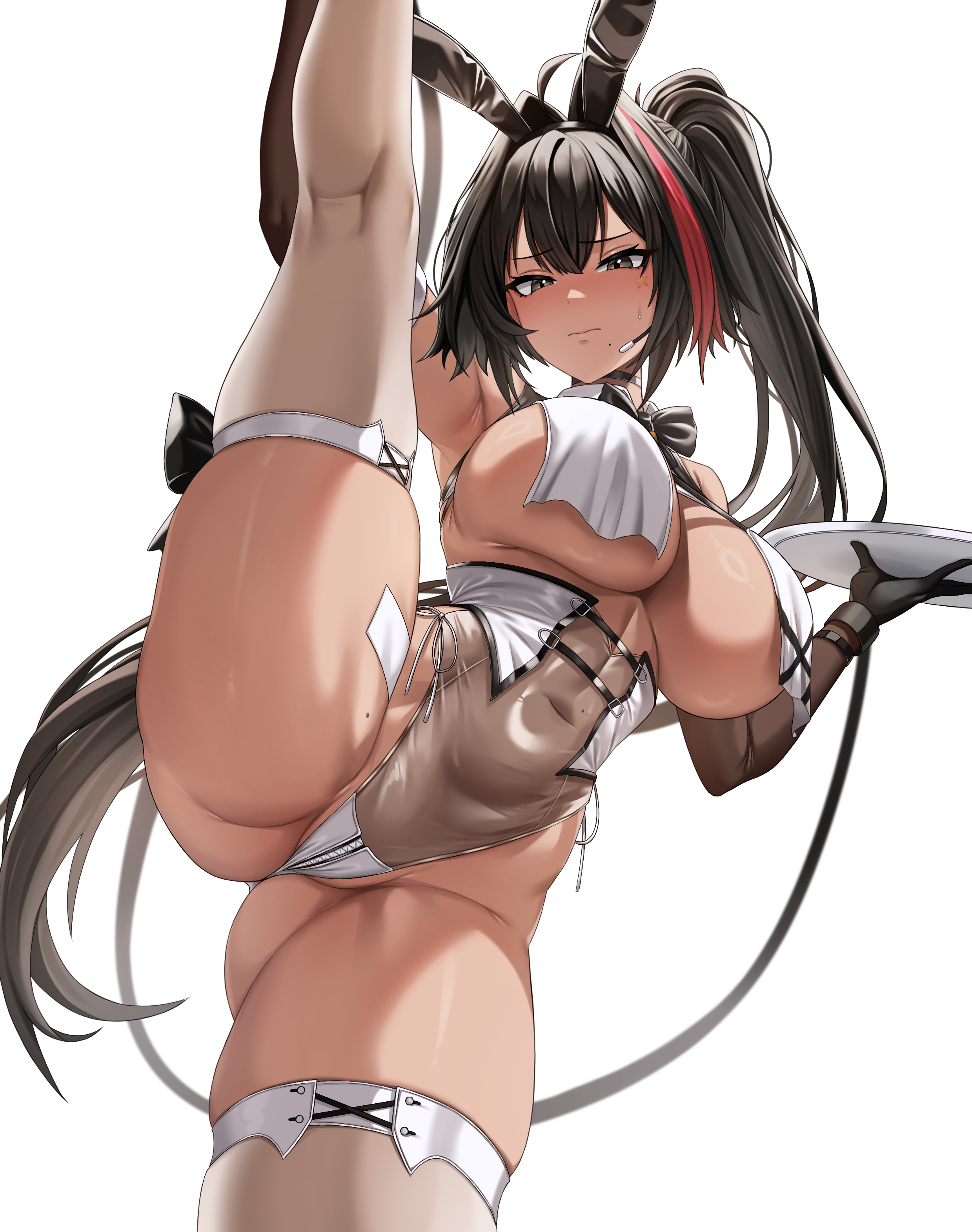 epko, bay (nikke), bay (radiant rabbit) (nikke), goddess of victory: nikke, absurdres, commentary, highres, 1girl, ahoge, animal ear hairband, animal ears, armpits, ass, bandaid on thigh, bare shoulders, black bow, black bowtie, black choker, black gloves, black hair, black wrist cuffs, blush, bow, bowtie, breast curtains, breasts, choker, covered erect nipples, covered navel, dark-skinned female, dark skin, elbow gloves, fake animal ears, flexible, furrowed brow, gloves, grey eyes, hair between eyes, hair intakes, hairband, headset, holding, holding own leg, holding tray, kneepits, large breasts, leg hold, leg up, leotard, long hair, looking at viewer, mole, mole on stomach, mole on thigh, mole under mouth, multicolored hair, official alternate costume, playboy bunny, ponytail, rabbit ear hairband, rabbit ears, red hair, red streaks, see-through clothes, see-through leotard, see-through thighhighs, shrug (clothing), side-tie leotard, simple background, single hair streak, skindentation, sleeveless shrug, solo, split, standing, standing on one leg, standing split, star (symbol), star sticker, sticker, sticker on face, streaked hair, sweatdrop, thick thighs, thighhighs, thighs, tray, underboob, very long hair, white background, wrist cuffs
