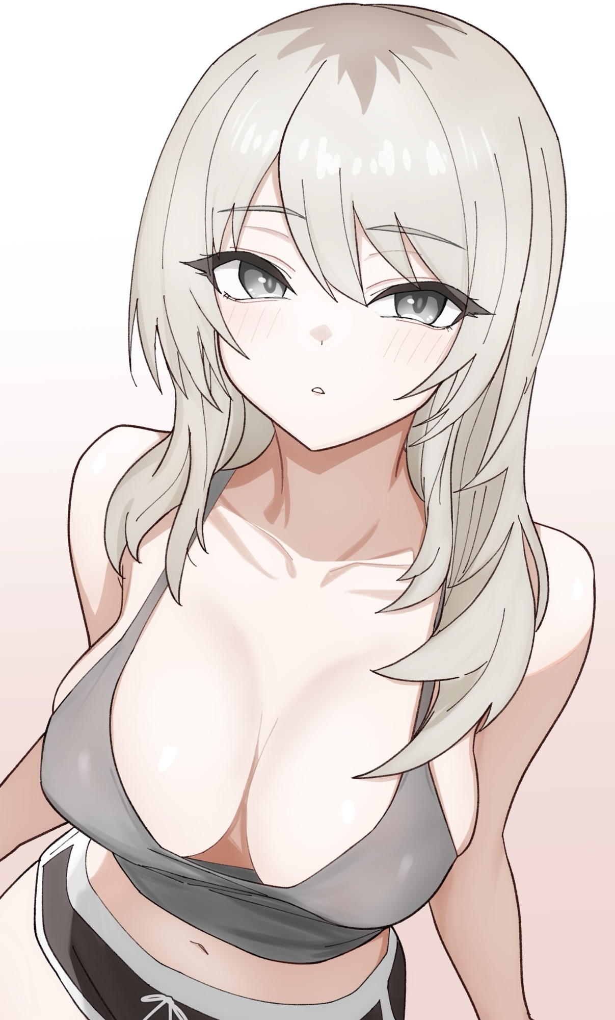 n nai nai n, kawaragi momoka, girls band cry, highres, 1girl, black shorts, blush, breasts, camisole, cleavage, collarbone, covered erect nipples, dolphin shorts, grey camisole, grey eyes, grey hair, hair between eyes, large breasts, long hair, looking at viewer, multicolored hair, parted lips, roots (hair), shorts, simple background, solo, white background